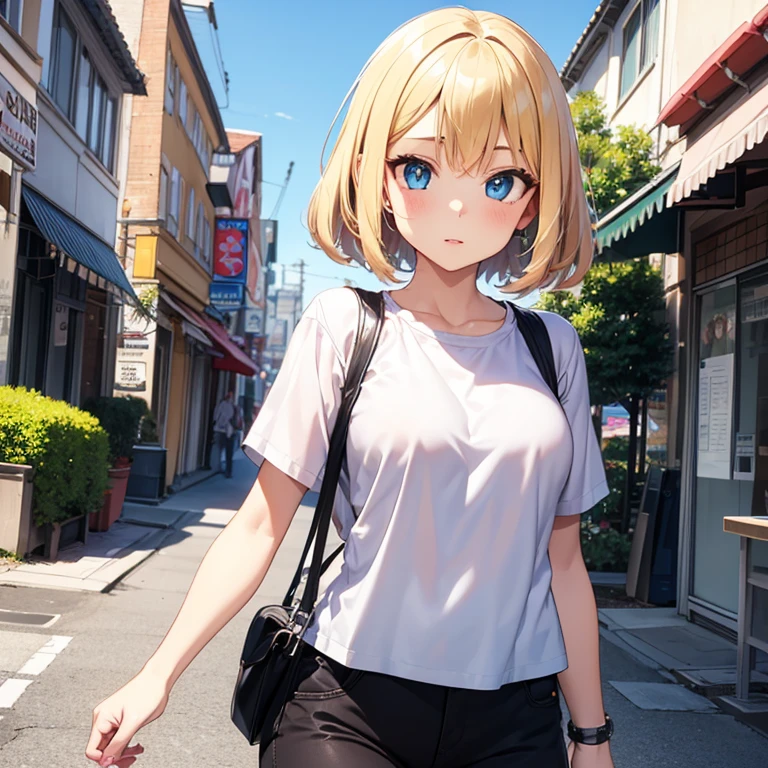 2D Anime Style、Blue eyes、breasts are slightly larger、A cool adult woman with short blonde hair and a cool expression is walking around the city in casual fashion.......,