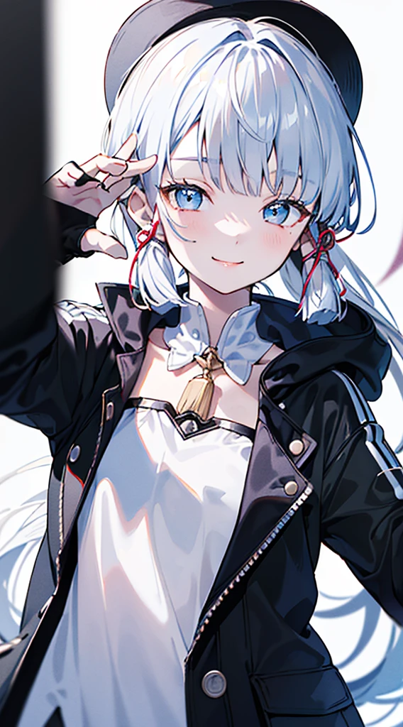 kamisato ayaka, (best quality, highres, masterpiece:1.2), upper body, detailed black and white coat, modern style, cute pose, fade smile, flawless skin, stylish haircut, captivating gaze, soft lighting, hands not visible