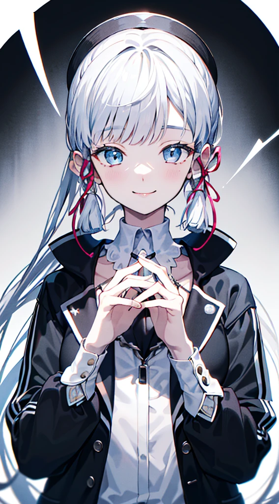 kamisato ayaka, (best quality, highres, masterpiece:1.2), upper body, detailed black and white coat, modern style, cute pose, fade smile, flawless skin, stylish haircut, captivating gaze, soft lighting, hands not visible