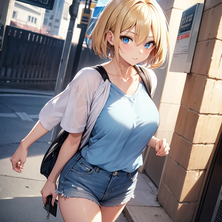 2D Anime Style、Blue eyes、breasts are slightly larger、A cool adult woman with short blonde hair and a cool expression is walking around town in a casual fashion with a lot of exposure.......,