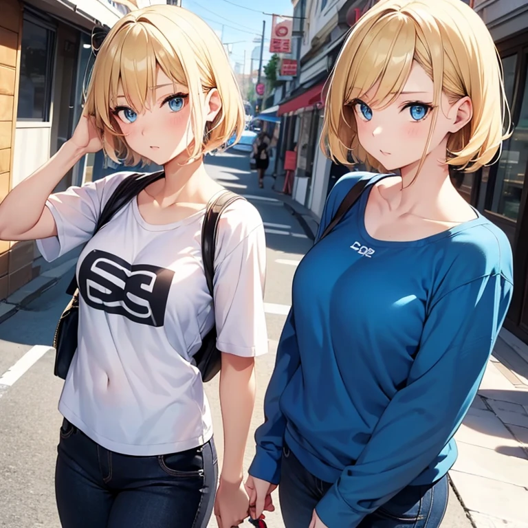 2D Anime Style、Blue eyes、breasts are slightly larger、A cool adult woman with short blonde hair and a cool expression is walking around town in a casual fashion with a lot of exposure.......,
