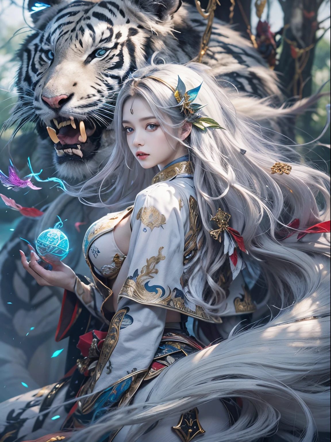 The crystal castle sealed in the magic book,bloods,the night, Dark, (fanciful),unlimited,dark blue sky,The abyss of knowledge,hoods,((On the table)), (((Best quality at best))),((beautiful fine eyes)),(eyeslashes)、(((Beauty riding a white tiger)))、(1 girl)、sexy boobs,Leaky abdomen,Fair thighs,The perfect human structure、Blowing in the wind、Long gray hair、abyss eyes、Glossy glossy skin、Oiled、Red wizard lace、Tattered fabric、Super exquisite CG Unity 32k wallpaper、tmasterpiece, ((ultra - detailed)), ((illuminations)),Extremely colorful,Wallpapers,vibrancy,Unknown terror,mind bending,around magic,Magical environment,wands,Boken,Flight page,know all this,Predicting the Future、Learn about the past、Unlimited wisdom、blue flame、Warlock、Magic Array、pentacle、incantation、mantra、Sing magic