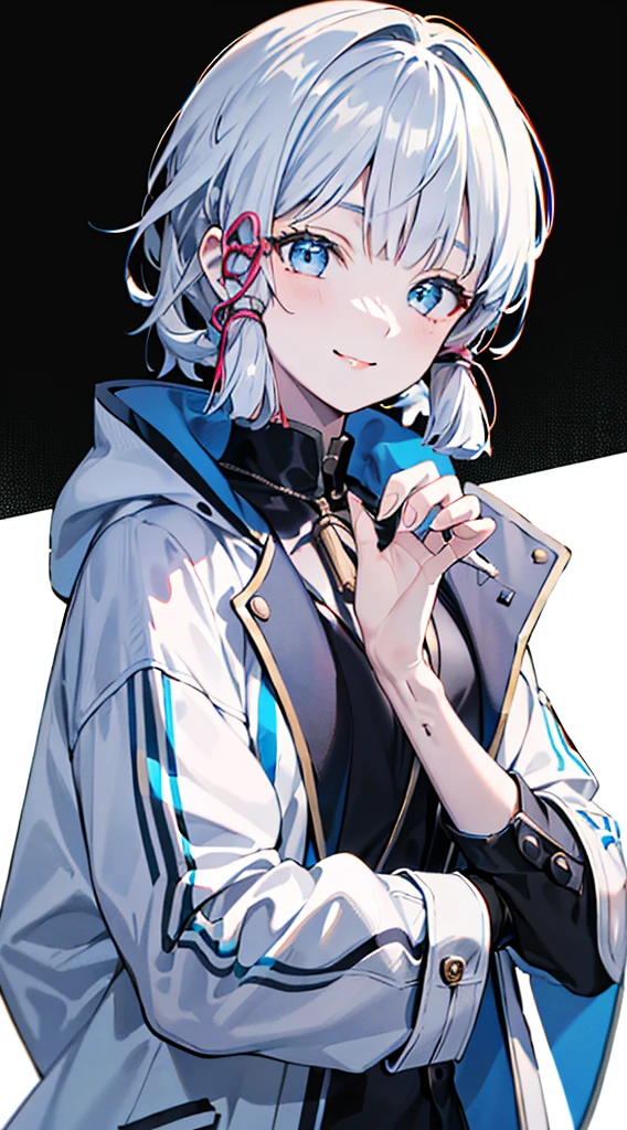 kamisato ayaka, (best quality, highres, masterpiece:1.2), upper body, detailed black and white coat, modern style, cute pose, fade smile, flawless skin, stylish haircut, captivating gaze, soft lighting, hand on jacket