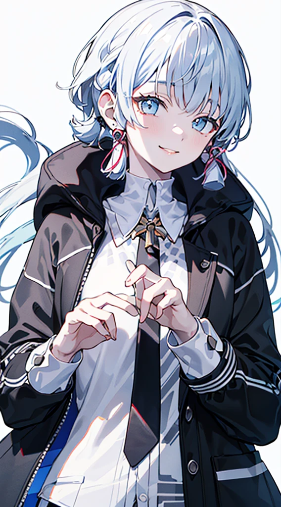 kamisato ayaka, (best quality, highres, masterpiece:1.2), upper body, detailed black and white coat, modern style, cute pose, fade smile, flawless skin, stylish haircut, captivating gaze, soft lighting, hand on jacket