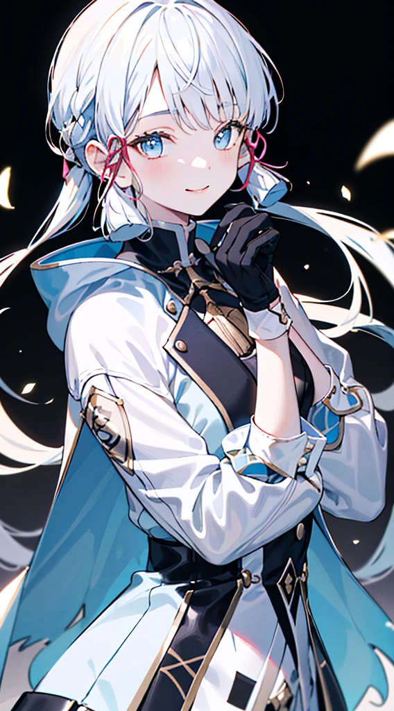 kamisato ayaka, (best quality, highres, masterpiece:1.2), upper body, detailed black and white coat, modern style, cute pose, fade smile, flawless skin, stylish haircut, captivating gaze, soft lighting, both hand wearing gloves