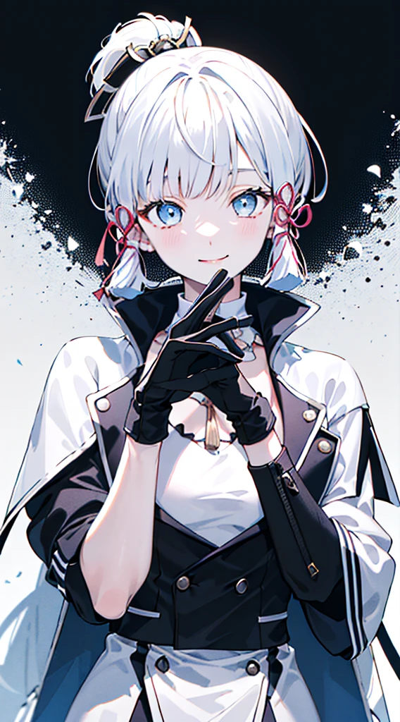 kamisato ayaka, (best quality, highres, masterpiece:1.2), upper body, detailed black and white coat, modern style, cute pose, fade smile, flawless skin, stylish haircut, captivating gaze, soft lighting, both hand wearing gloves