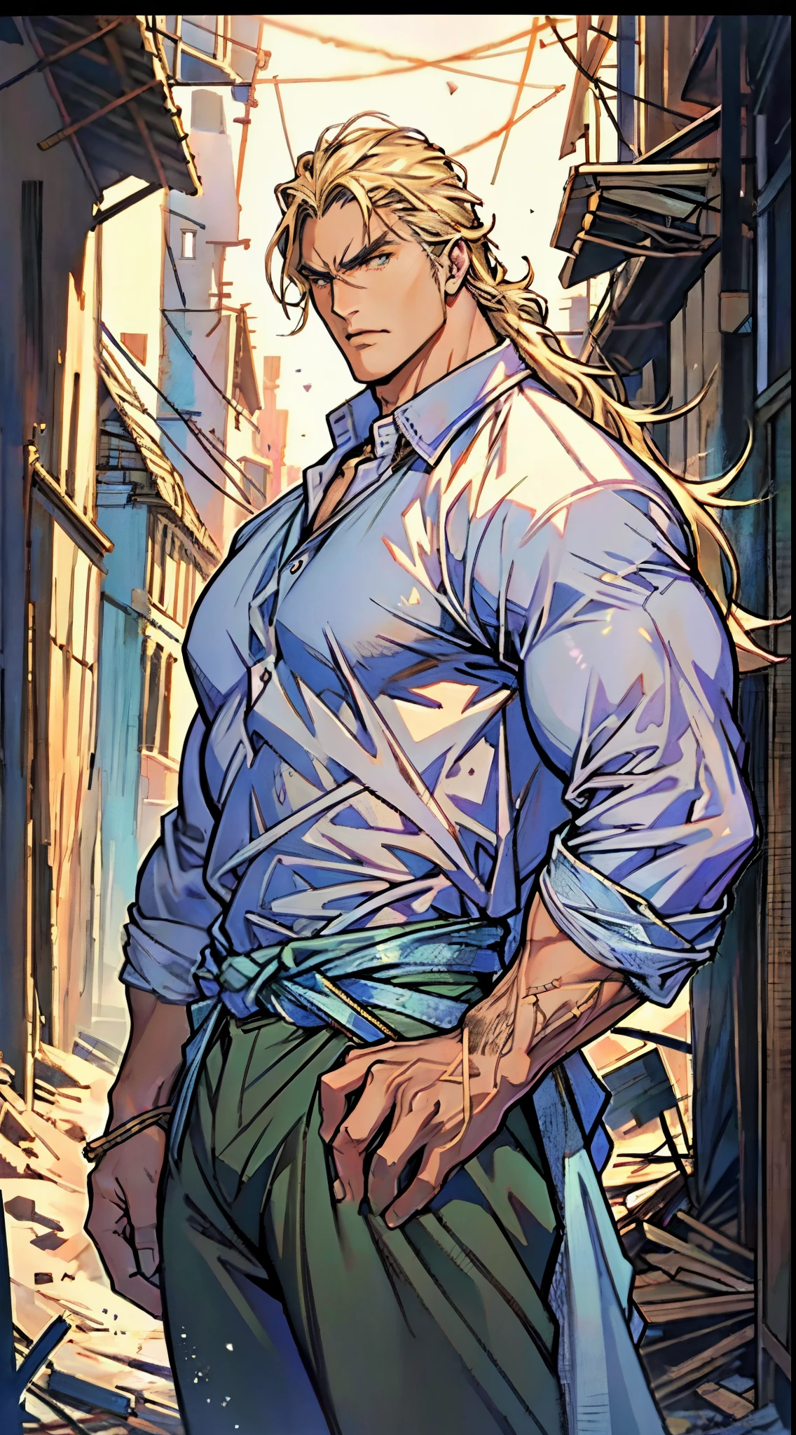 A middle-aged man, dark golden long hair, a wild and unkempt hairstyle, a melancholic gaze, a dignified expression, a tall and muscular physique, a hint of stubble on his face, a fantasy-style tattered clothing, ripped sleeves, reveals his abdominal muscles, one of his arms is missing, a hemp rope is wound around his waist, coarse cloth pants, the background depicts a fantasy-style dilapidated city with crumbling buildings, this character embodies a finely crafted fantasy-realistic style warrior in anime style, exquisite and mature manga art style, high definition, best quality, highres, ultra-detailed, ultra-fine painting, extremely delicate, professional, anatomically correct, symmetrical face, extremely detailed eyes and face, high quality eyes, creativity, RAW photo, UHD, 8k, Natural light, cinematic lighting, masterpiece-anatomy-perfect, masterpiece:1.5