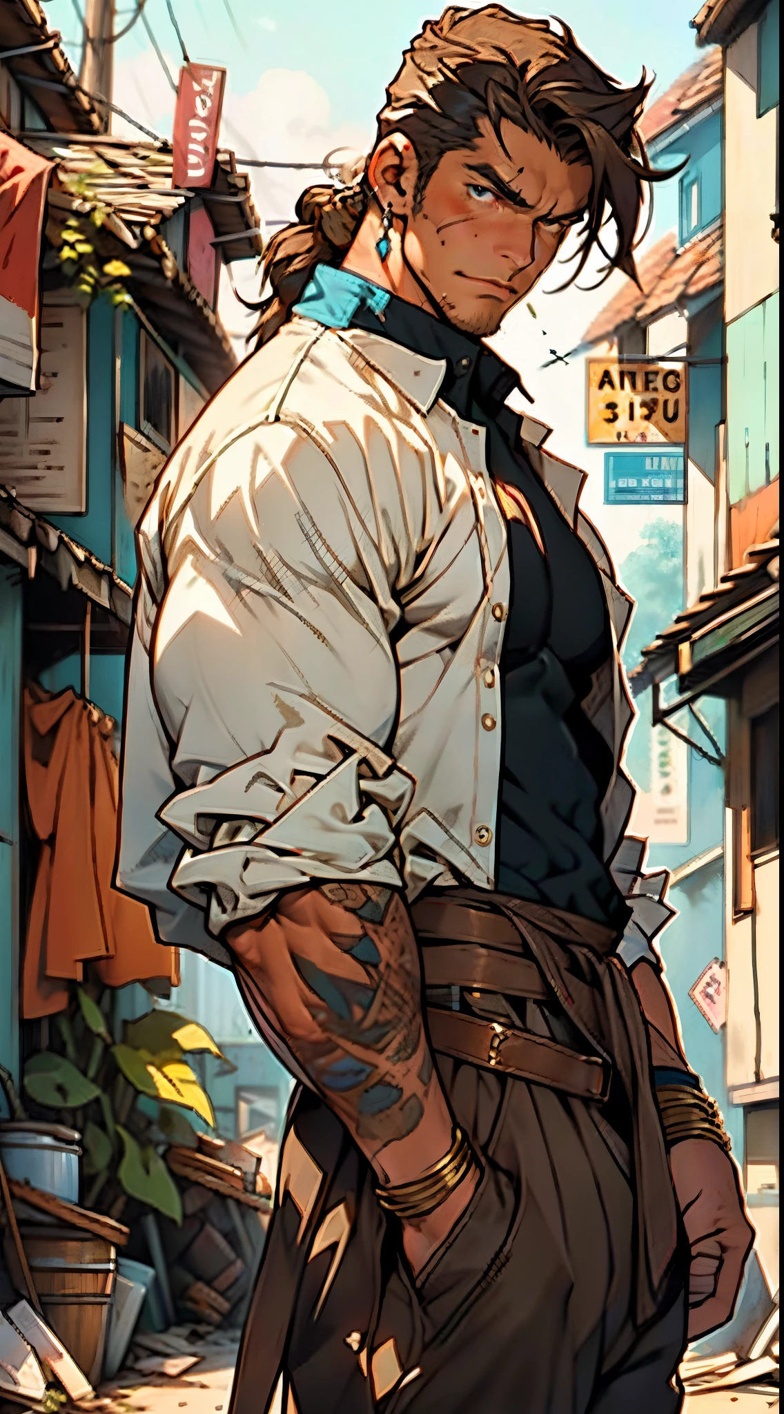 A middle-aged man, dark golden long hair, a wild and unkempt hairstyle, a melancholic gaze, a dignified expression, a tall and muscular physique, a hint of stubble on his face, a fantasy-style tattered clothing, ripped sleeves, reveals his abdominal muscles, one of his arms is missing, a hemp rope is wound around his waist, coarse cloth pants, the background depicts a fantasy-style dilapidated city with crumbling buildings, this character embodies a finely crafted fantasy-realistic style warrior in anime style, exquisite and mature manga art style, high definition, best quality, highres, ultra-detailed, ultra-fine painting, extremely delicate, professional, anatomically correct, symmetrical face, extremely detailed eyes and face, high quality eyes, creativity, RAW photo, UHD, 8k, Natural light, cinematic lighting, masterpiece-anatomy-perfect, masterpiece:1.5
