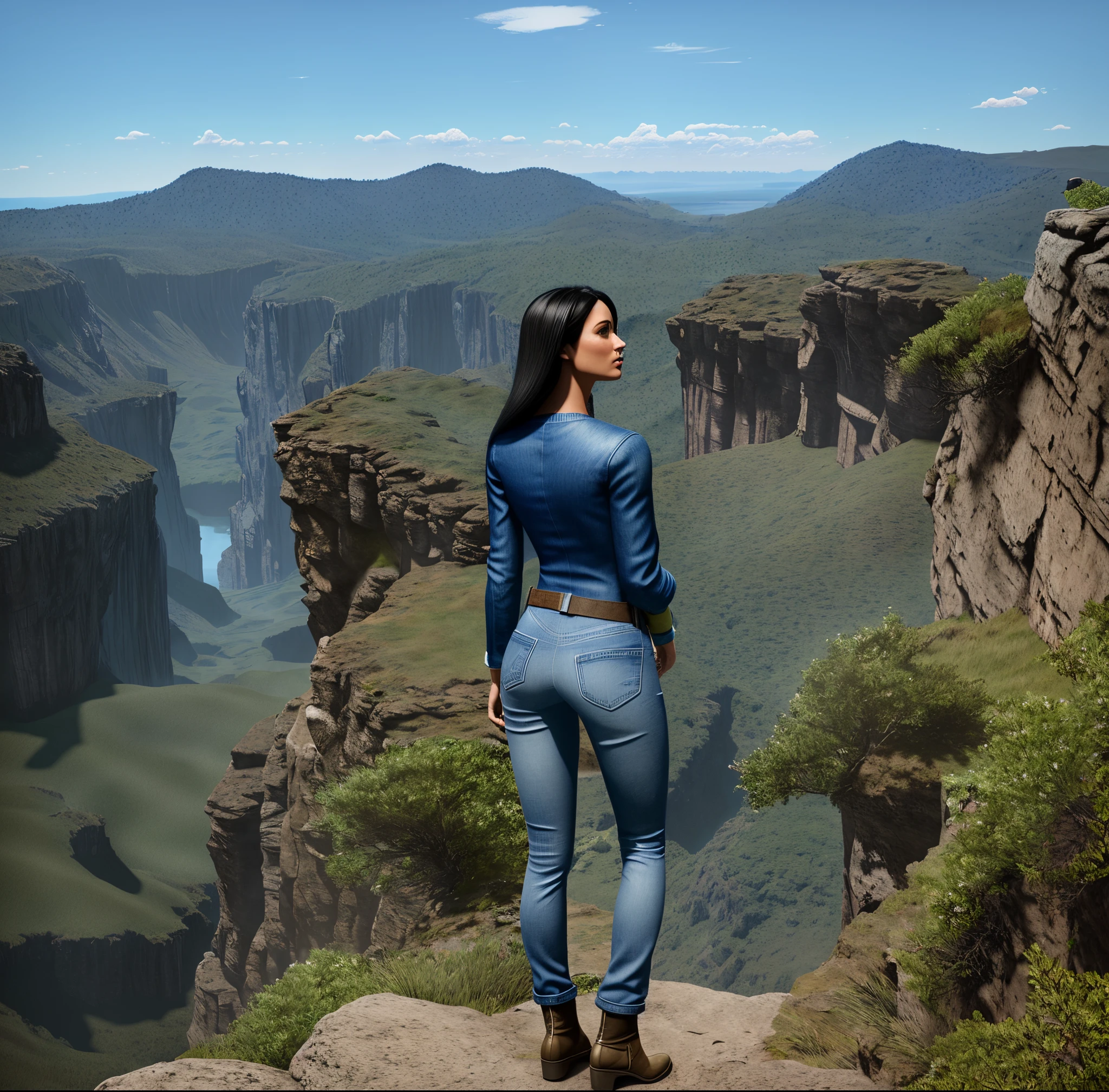 there is a woman standing on a hill with a camera, aventura render hiper realista, in a scenic background, distant full body view, roupas de caminhada, foto de retrato de pintura fosca, editado no photoshop, girl walking in a canyon, Nico Robin, Avatar do Second Life, James Cameron Estilo Avatar, blue jeans. irreal 5, realistic fantasy rendering, girl standing on mountain