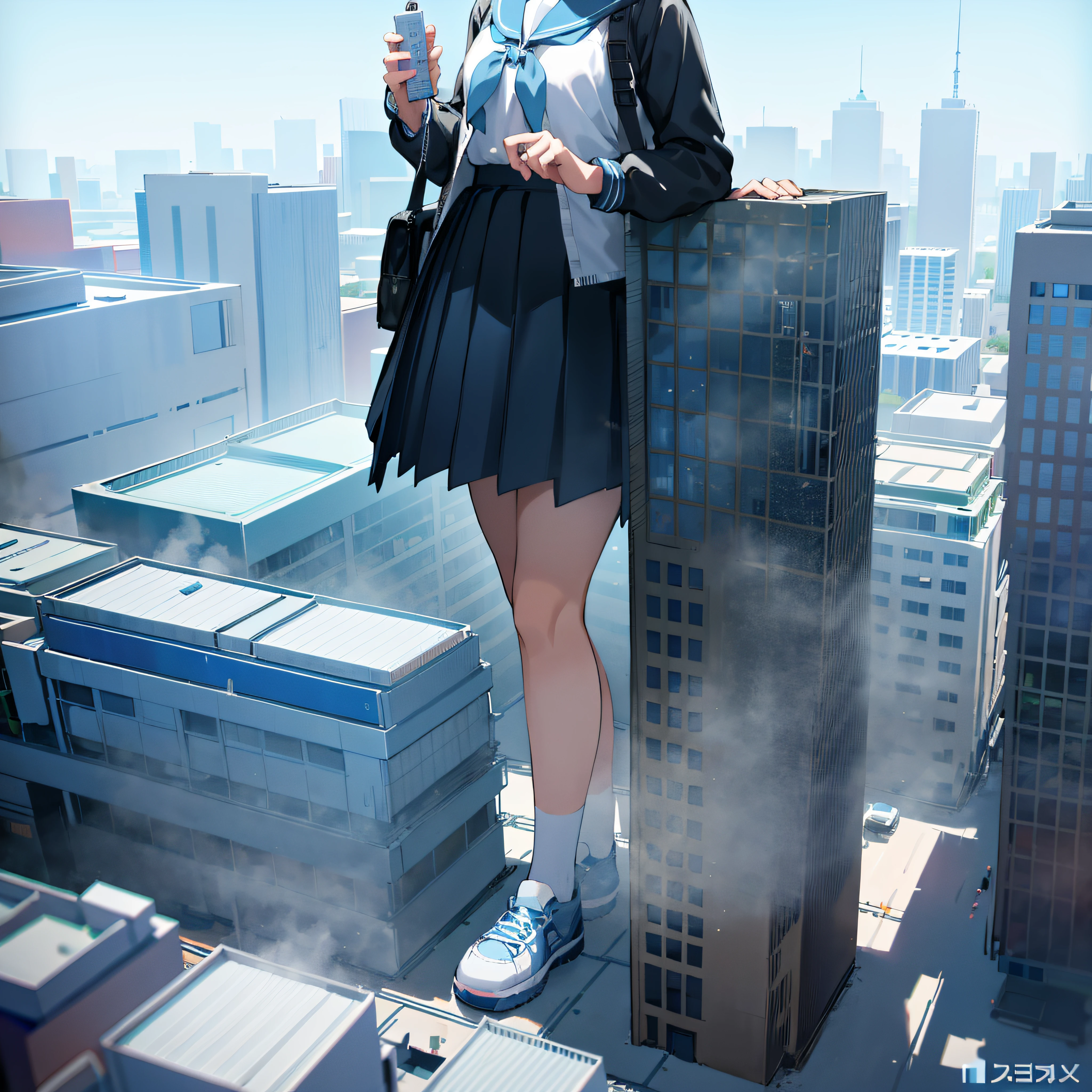 There is a girl wearing a skirt and sailor uniform standing on a miniature city model, A super huge schoolgirl, A girl taller than the city,a digital rendering, photorealistic anime girl rendering, Highly realistic photos, age girl wearing sneakers,A teengirl holding her urine