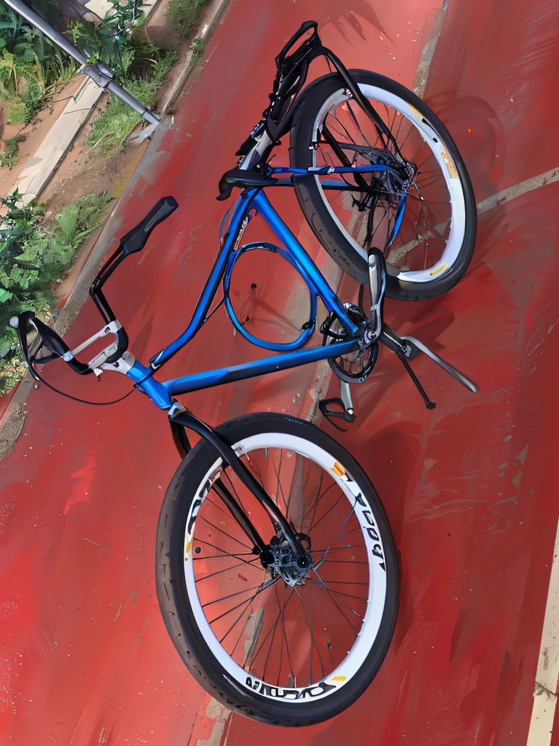 there is a blue bicycle parked on the red ground, bicicleta, Bicicletas, Lowres, really trying to ride it, ciclismo!!, bem editado, trying to ride it, Ciclos, cool looking, luz de aro forte!!!!!, modificado, bela obra-prima, circunstanciado!!, aro lght, muito inspirador, epic stunning, imagem de qualidade muito baixa, Detalhe perfeito