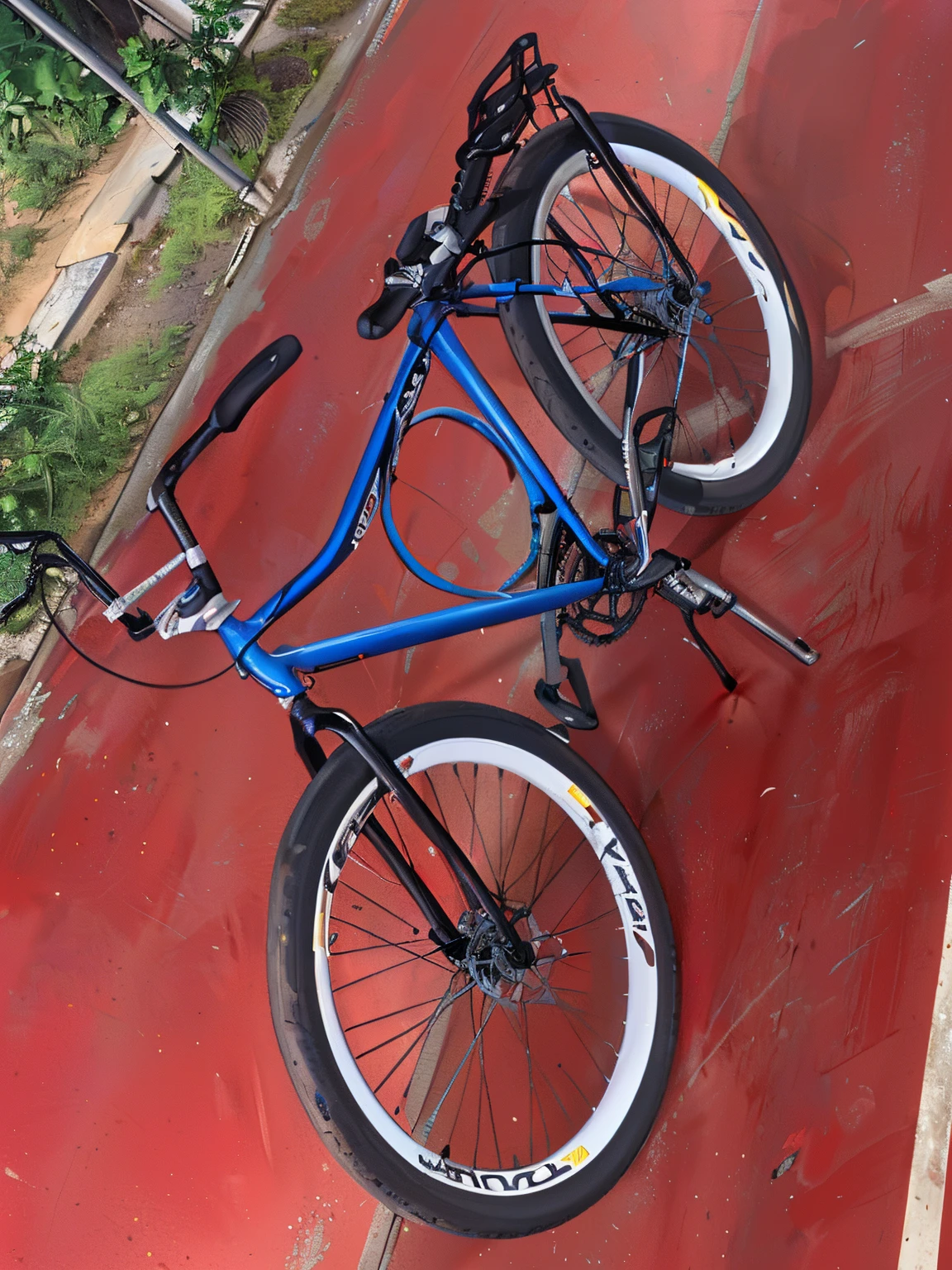 there is a blue bicycle parked on the red ground, bicicleta, Bicicletas, Lowres, really trying to ride it, ciclismo!!, bem editado, trying to ride it, Ciclos, cool looking, luz de aro forte!!!!!, modificado, bela obra-prima, circunstanciado!!, aro lght, muito inspirador, epic stunning, imagem de qualidade muito baixa, Detalhe perfeito