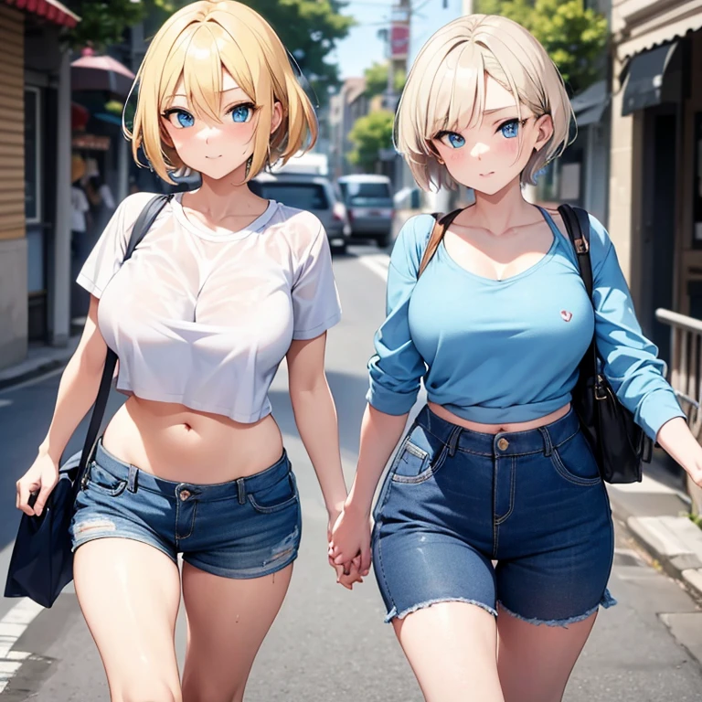 2D Anime Style、Blue eyes、breasts are slightly larger、A cool adult woman with short blonde hair and a cool expression is walking around town in casual fashion that shows her stomach.......,