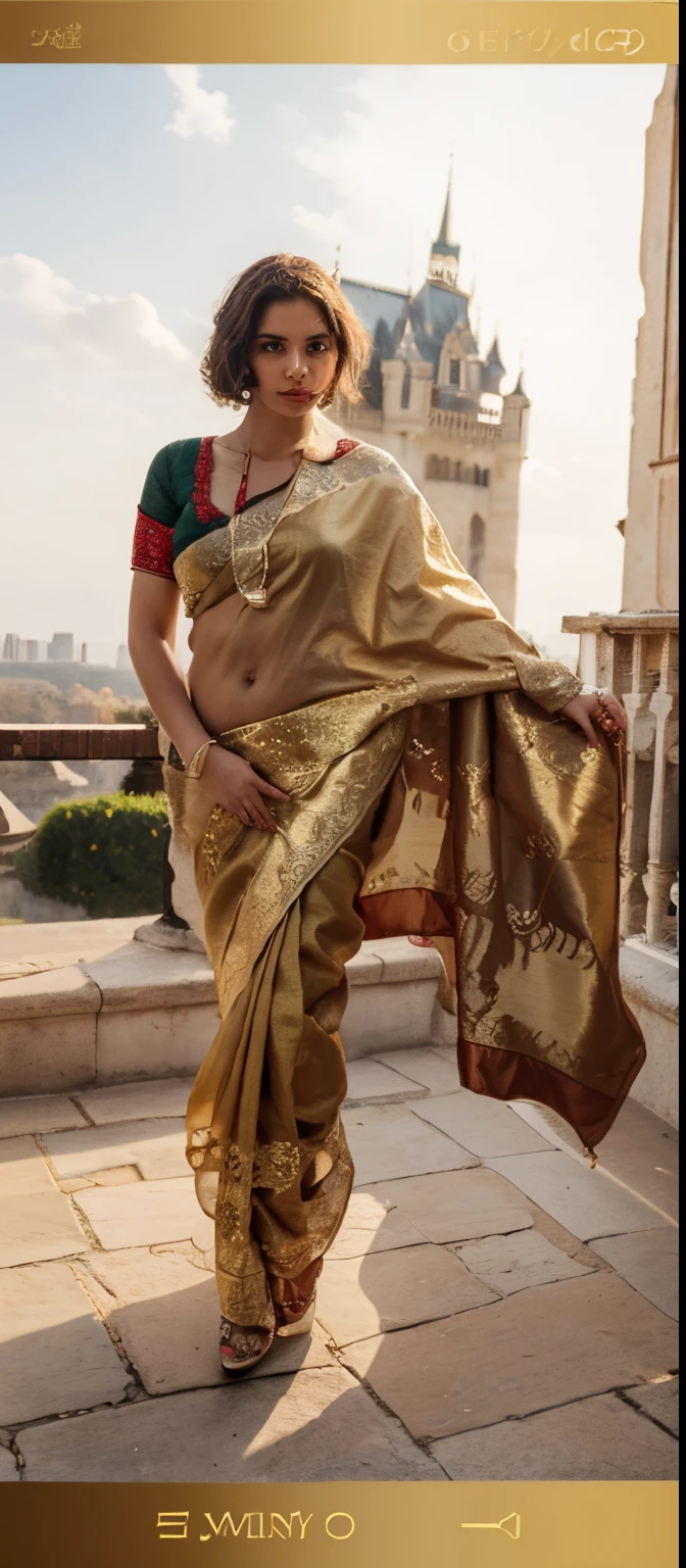 Golden Color saree , White Skin , Castle in background , realistic , HQ , DAY TIME, PALE SKIN