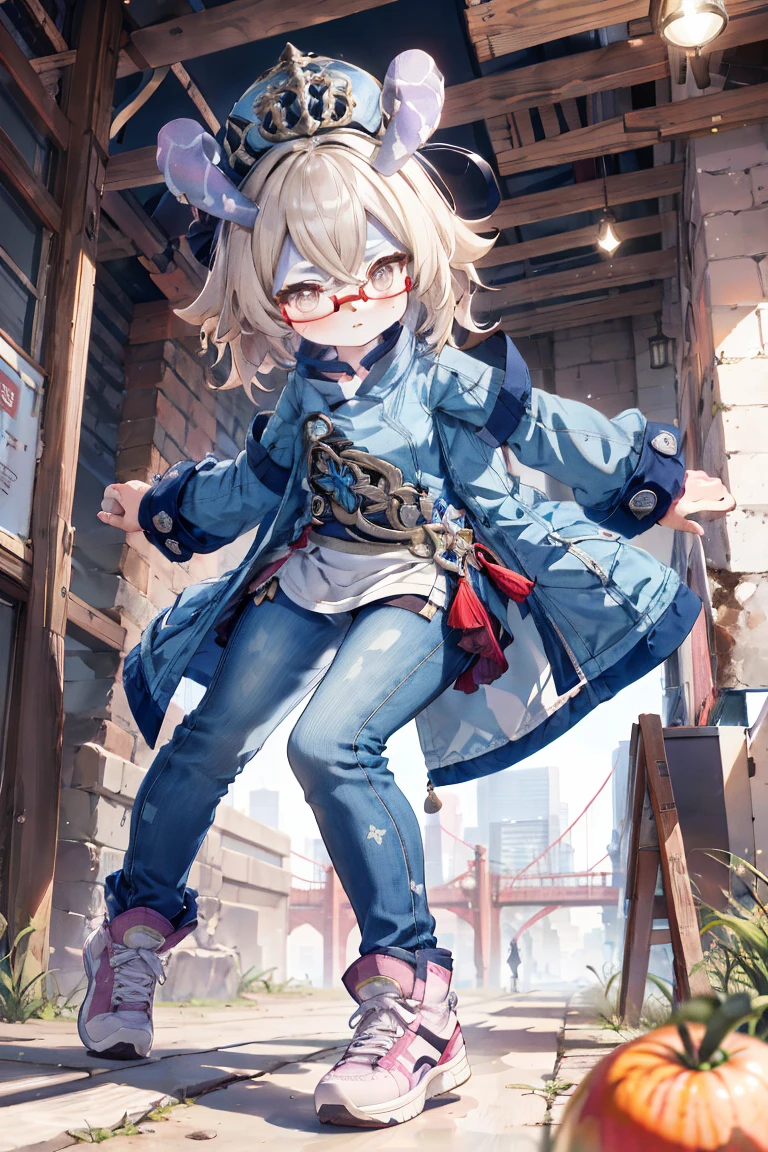 Melousine|genshin impact, masterpiece, bestquality,3 girl,young girl, pomelo buds, Wear glasses, long-haired,unstable _Front,oily shiny skin,flat chest,nice leg line:1.3,thick thighs, thin-waist,, red_streaks_light_wrap_dress, white_platform_sneakers, woven_El_bag, straw_headgear, gold_hoop_earrings, jacket, long jeans city scenery,looking at the audience,From Top:1.2,dynamic angle