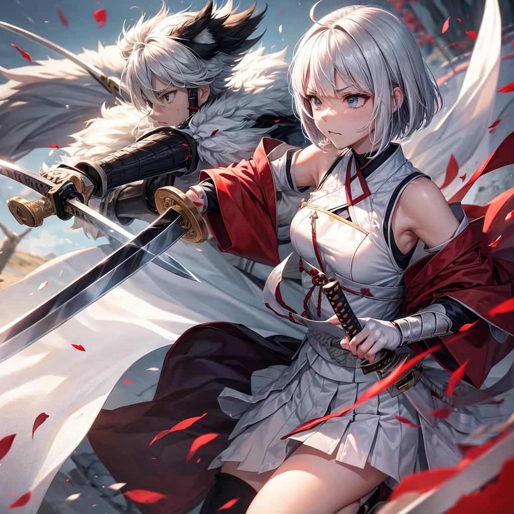 battle field、white fluffy short bob hair、angry fallen warrior、Sword、Japanese Katana Sword、contraction、Bloody、Dignified