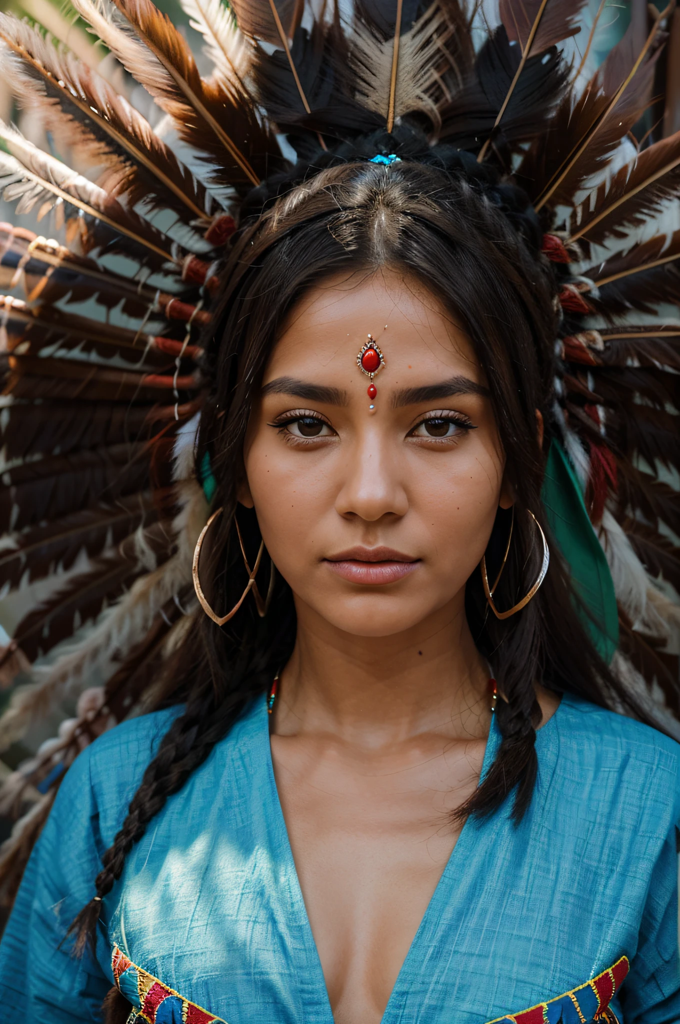 A beautiful indigenous woman wearing a headdress, cabelos pretos longos cacheados com franja, rosto bonito, imagem alto detalhe, simetria, Muitos detalhes, corpo inteiro, corpo definido, Realismo, Cinematic lighting, de cima, super detalhe com roupas