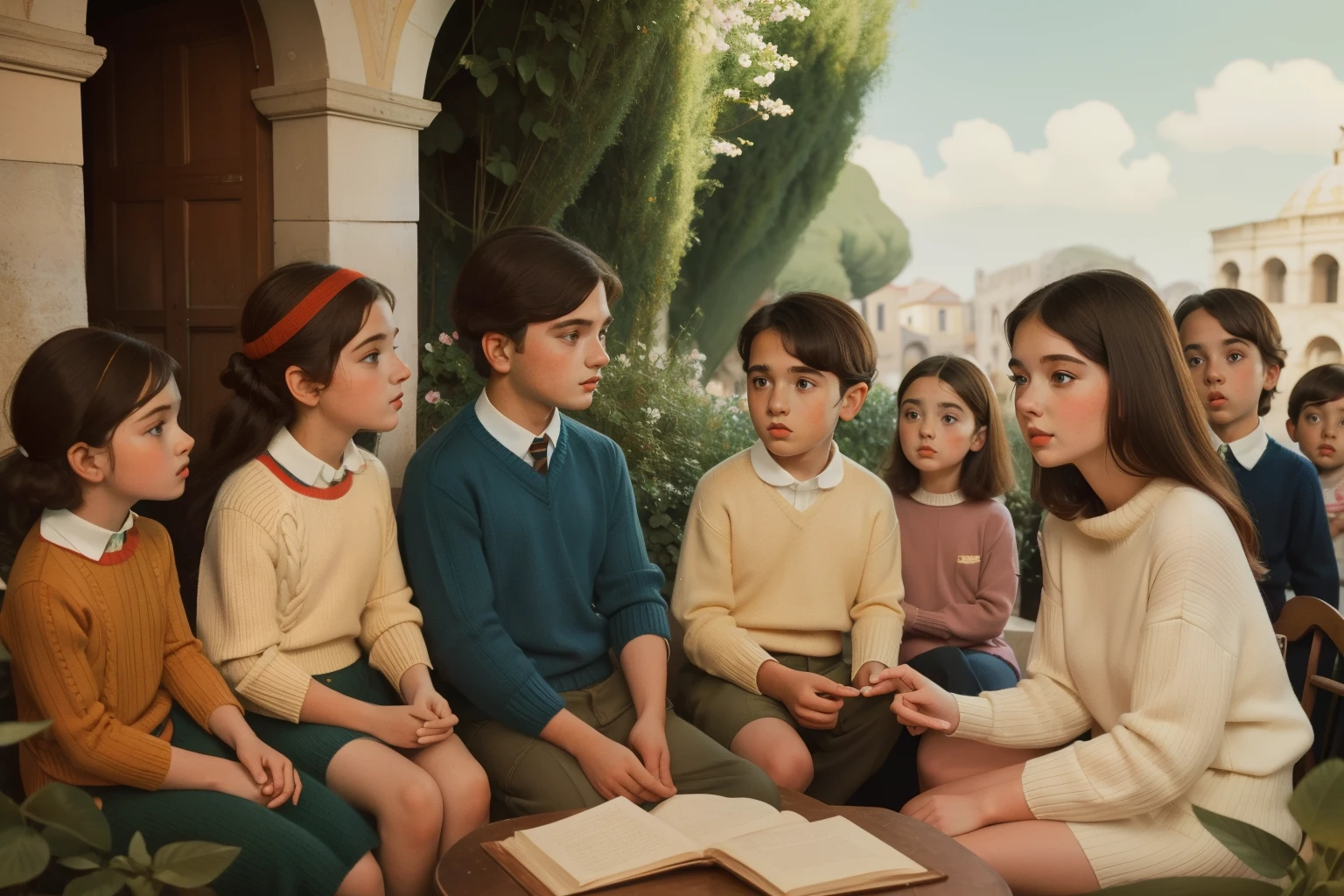 1965, Italy. Pre-raphaelite ((((-yeld)) i)), rascal boy, tourist guide, telling stories, surrounded by little chd girls, in a roman anphitheatre, ruins, ((((casual boy Clothing from the 1960s, sweater)))), ((Hairstyle of the 1960s)), ((Wes Anderson cinematic style)), colorful, view from far away