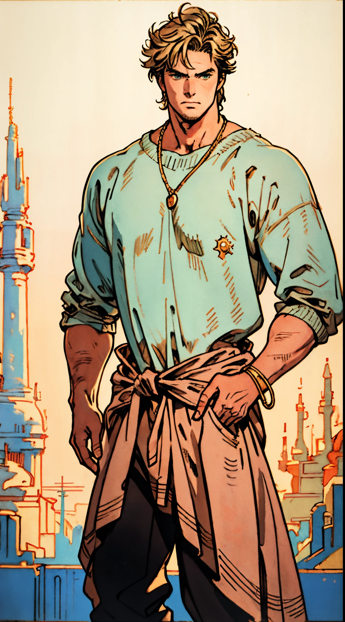 A middle-aged man, dark golden long hair, a wild and unkempt hairstyle, a melancholic gaze, a dignified expression, a tall and muscular physique, a hint of stubble on his face, a fantasy-style tattered clothing, ripped sleeves, reveals his abdominal muscles, one of his arms is missing, a hemp rope is wound around his waist, coarse cloth pants, the background depicts a fantasy-style dilapidated city with crumbling buildings, this character embodies a finely crafted fantasy-realistic style warrior in anime style, exquisite and mature manga art style, high definition, best quality, highres, ultra-detailed, ultra-fine painting, extremely delicate, professional, anatomically correct, symmetrical face, extremely detailed eyes and face, high quality eyes, creativity, RAW photo, UHD, 8k, Natural light, cinematic lighting, masterpiece-anatomy-perfect, masterpiece:1.5