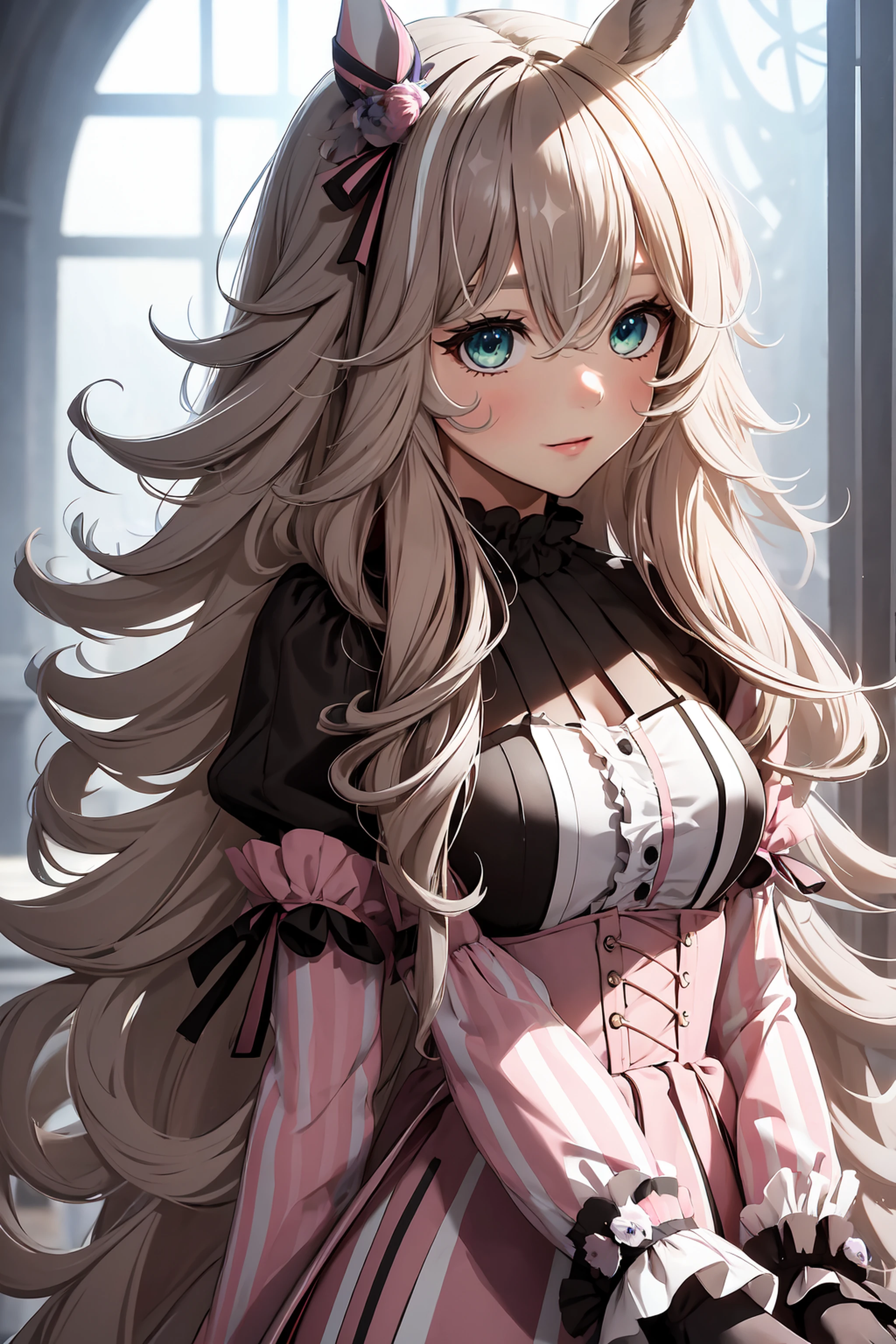 (best quality, realistic, ultra-detailed, highres, masterpiece:1.2), beautiful detailed eyes, beautiful detailed lips, extremely detailed eyes and face, long eyelashes, soft lighting, subtle colors, watercolor style, masterful brushwork,1girl, horse tail, tail, grey hair, horse girl, brown hair, bangs, multicolored hair, green eyes, blue eyes, solo, streaked hair, very long hair, two-tone hair, animal ears, horse ears, long hair, white hair, hair between eyes,choker, black gloves, fingerless gloves, detached sleeves, puffy long sleeves, frilled sleeves, pink dress, frills, pink jacket, striped long skirt, pantyhose, brown footwear, knee boots, high heel boots.