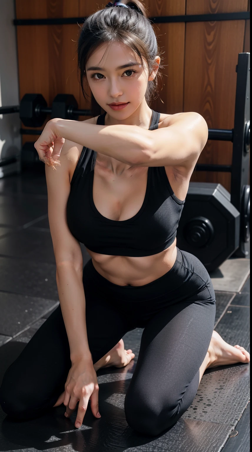 Best quality at best, full-body portraits, delicated face, Nice face, slimfigure, Tight yoga attire, Tight Yoga Pants,Clothes soaked with sweat,black ponytail,Cute big breasts,Fitness gym,ssmile,Strike elegant poses