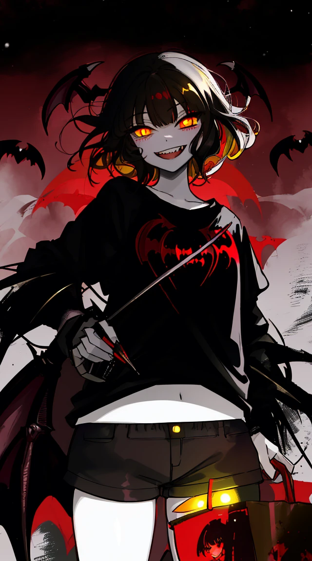 Very detailed, hiquality, (Vampire Girl:1.4), medium length thick messy hair, bright yellow glowing eyes, snow white skin, Predatory grin, look at the loot, Short shorts, t shirt, Dark time of day,