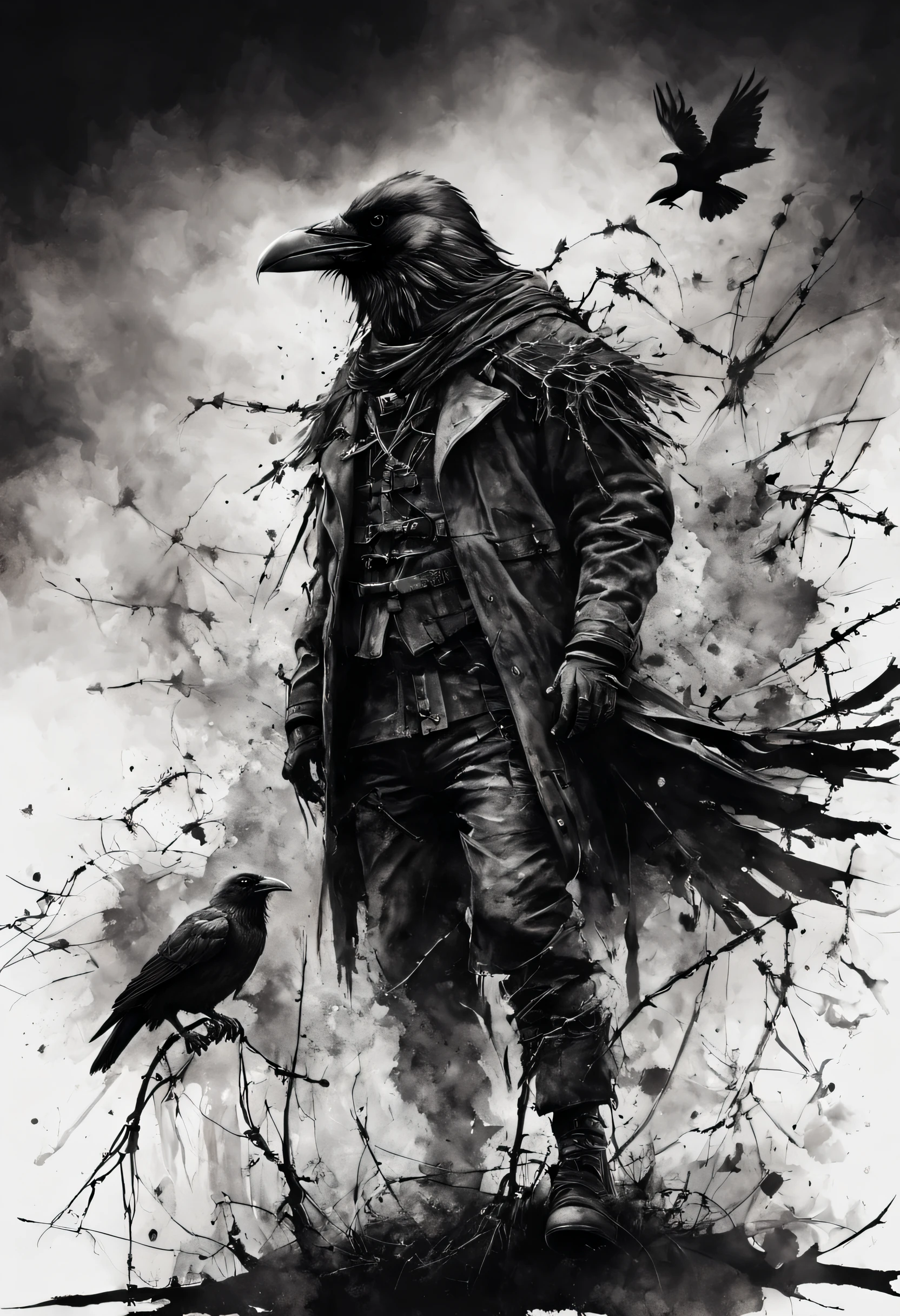 Vektor Create an exquisite ink painting on white paper that is the perfect multi-exposure work of art. This piece was intended to combine the volume-shaded of a Raven and a scarecrow and barbed wire. Hyper realistic.Tattoo style, paint splash, colors in white ,black and white , cinematic, illustration, painting, photo, poster, dark fantasy