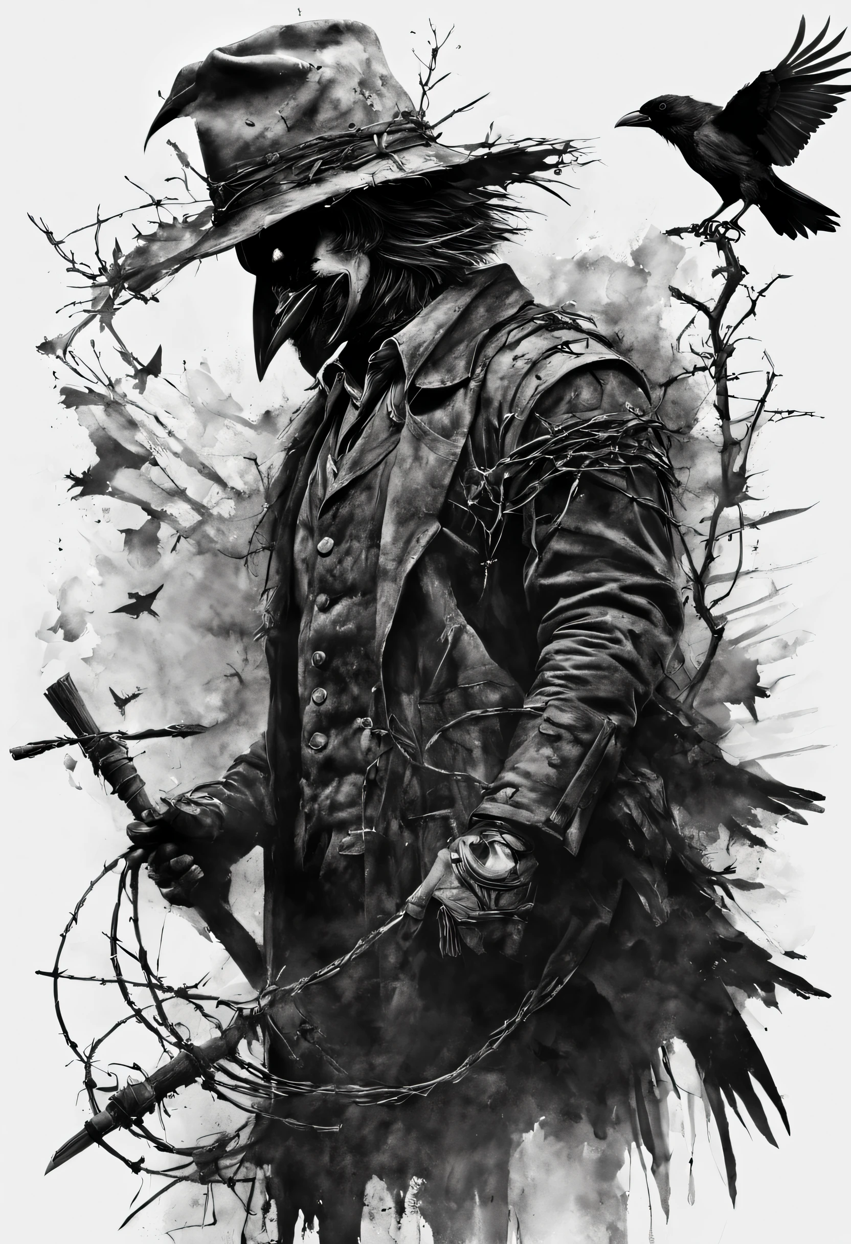 Vektor Create an exquisite ink painting on white paper that is the perfect multi-exposure work of art. This piece was intended to combine the volume-shaded of a Raven and a scarecrow and barbed wire. Hyper realistic.Tattoo style, paint splash, colors in white ,black and white , cinematic, illustration, painting, photo, poster, dark fantasy