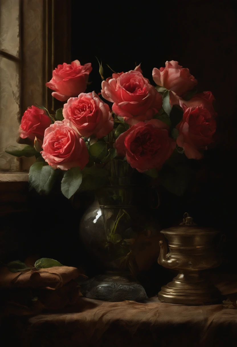Prompt detailed instructions:
"Best quality, A high resolution, masutepiece:1.2, Ultra-detailed, Realistic:1.37, Dark Still Life, Oil painting, Enigmatic Atmosphere, Dim lighting, Rich textures, Vivid colors, Intricate details, intense shading, Aging objects, Wilted roses, subtle reflections, Depressive atmosphere, Beauty that shouldn't be, Spooky elements, Delicate brushstrokes, Attractive composition, Classical art style, Tonal contrast, Dramatic shadows, Creepy existence, Incredible objects, Intricate decay details, dark palette, Capture depth and size, Emotions hidden in the dark, lifelike rendering, Strong chiaroscuro, Delicate texture, Details of each object, Impeccable accuracy in the description of aging, Memorable vulnerabilities, Ethereal atmosphere, Complex layers of symbolism."