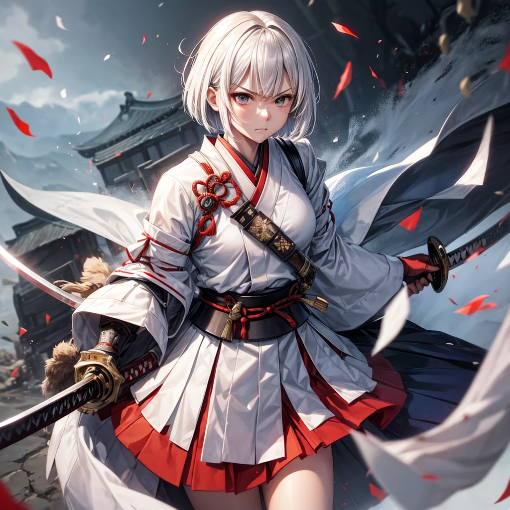 (masutepiece, Best Quality, Highly detailed, ultra-detailliert, High resolution, absurderes, 4K, 8K),1girl in,14years,Japanese,Small breasts,Short hair, Straight hai, haori,Iai,Iai, Serious ,The upper part of the body,Dynamic Angle, (unsheathing),(Japanese Sword:1.3),Stance of swordsmanship,Guru's Realm,battle field,The site of the decisive battle,Brandishing a sword,Detailed finger,Focused,grass field,moonlights