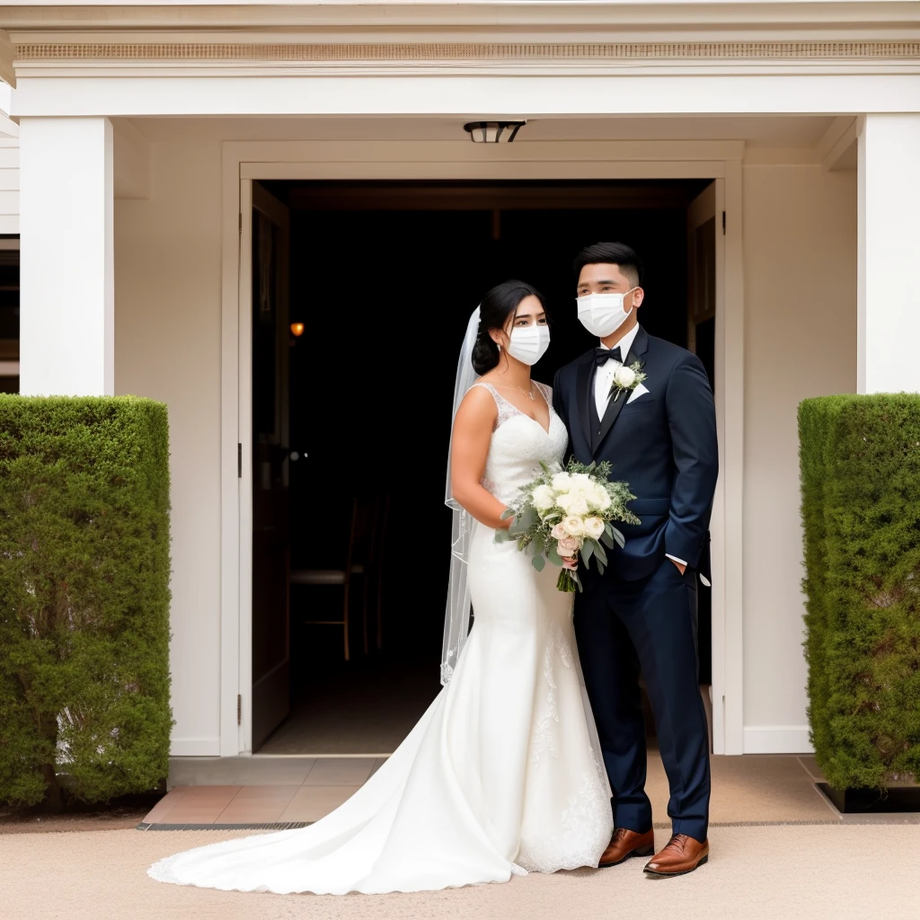disney pixar movie In this image, we see a young man and woman standing side by side in front of a white wall. The man is wearing black pants and a white shirt, while the woman is dressed in an elegant ivory wedding gown. Both are wearing face masks, indicating that this photo was taken during the COVID-19 pandemic. The couple appears to be posing for a formal portrait, with the woman's hand resting on her hip and the man's arm around her waist.
The bride's dress is floor-length with delicate lace detailing and a sweetheart neckline. She wears simple yet stylish black heels on her feet. Her hair is pulled back into an updo, showcasing her radiant smile as she looks towards the camera. The groom stands tall beside her, his hands clasped behind his back as he gazes off to the side.
Behind them, we can see part of an indoor setting - perhaps a reception hall or event space - with wooden flooring visible at their feet. In addition to their attire, there are other objects present in the photo such as shirts hanging on racks and academic gowns draped over chairs.
Despite being masked up for safety reasons, both individuals exude confidence and happiness in this moment captured by the photographer. Their faces are clearly visible despite wearing masks thanks to advanced facial recognition technology used by Astica Vision API.
Overall, this image captures two people dressed formally for what appears to be a special occasion during uncertain times - symbolizing resilience and love amidst adversity