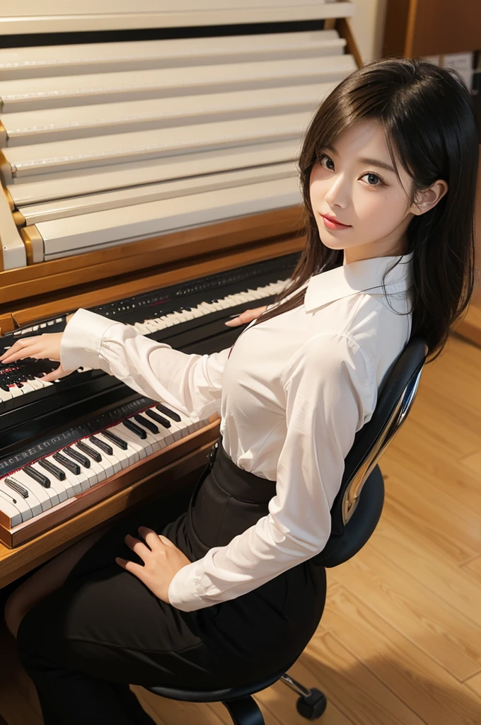 Super Beautiful Office Lady、(((sit on a chair and play an electronic organ)))、(((top-quality, ​masterpiece))), (((ighly detailed)))