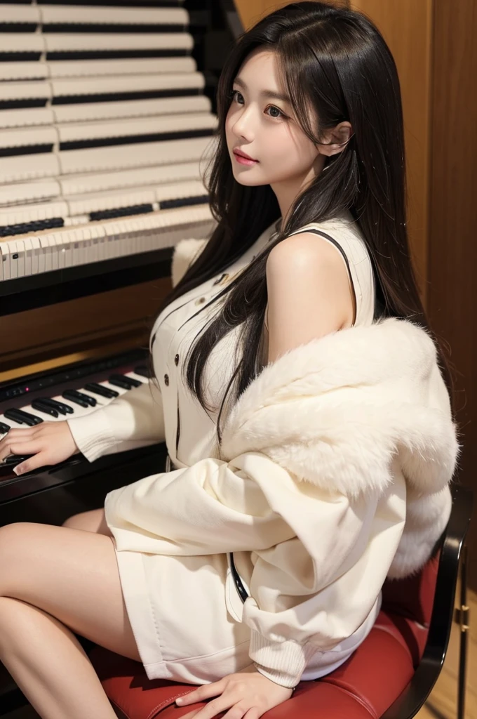 Super Beautiful Office Lady、(((sit on a chair and play an electronic organ)))、(((top-quality, masterpiece))), (((ighly detailed)))