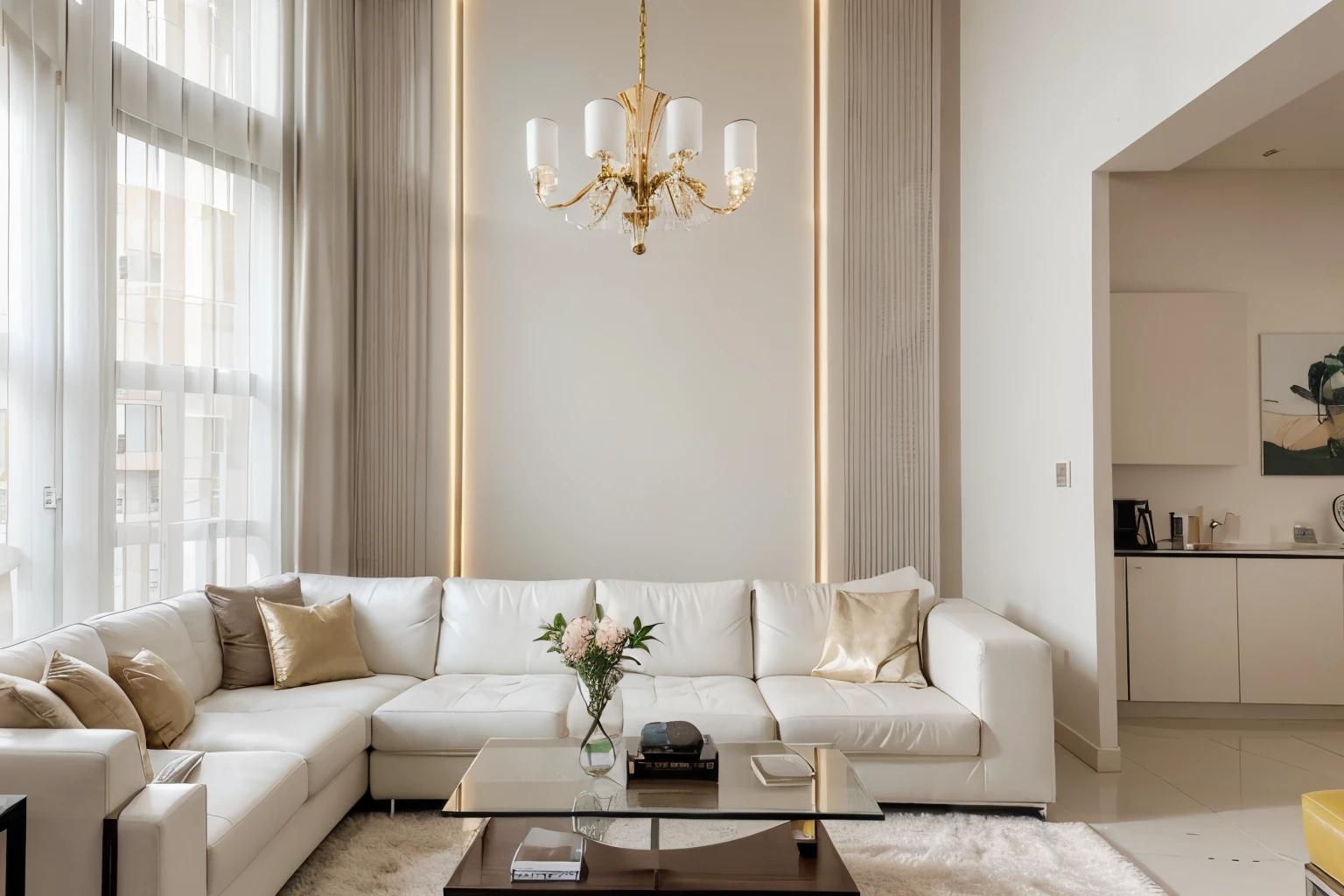 Picture a stylish 1LDK room that exudes modern elegance. The living space is bright and airy, with contemporary furniture and decor. On a sleek coffee table, there's a stack of currency notes symbolizing wealth, next to a modern telephone. The lighting is soft and natural, casting a warm glow throughout the room.