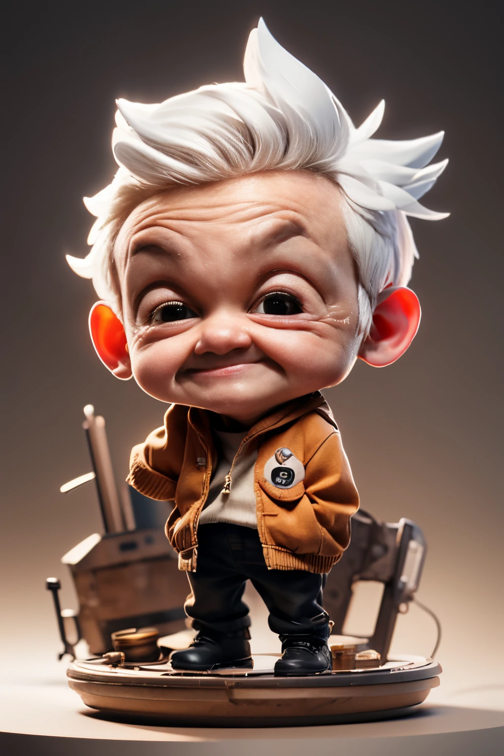 city street, white haired man with face of Ganjar Pramono full body 3D image, good eyes looking, big eyes, cute, happy, c4d, pop matt blind box, bright street light, toys, solid color background, chibi, fluorescent translucency, luminous body, kawaii, doll, Reference table, blind box pop mart, Pixar, complex details, 3D rendering, mixer, OC renderer, FOL body reference sheet, Dribble, High Details, 8K, Studio Lighting, Loli, Petite, toddler, Chibi, SD characters: 23, Magic Space Warehouse background, closed hands, fist, closed hands