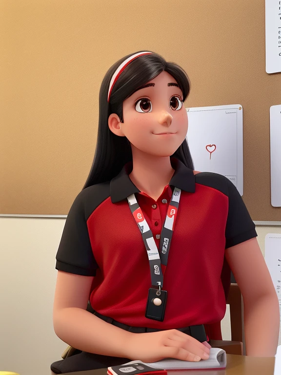 A girl with a red and black polo with her id taking a picture