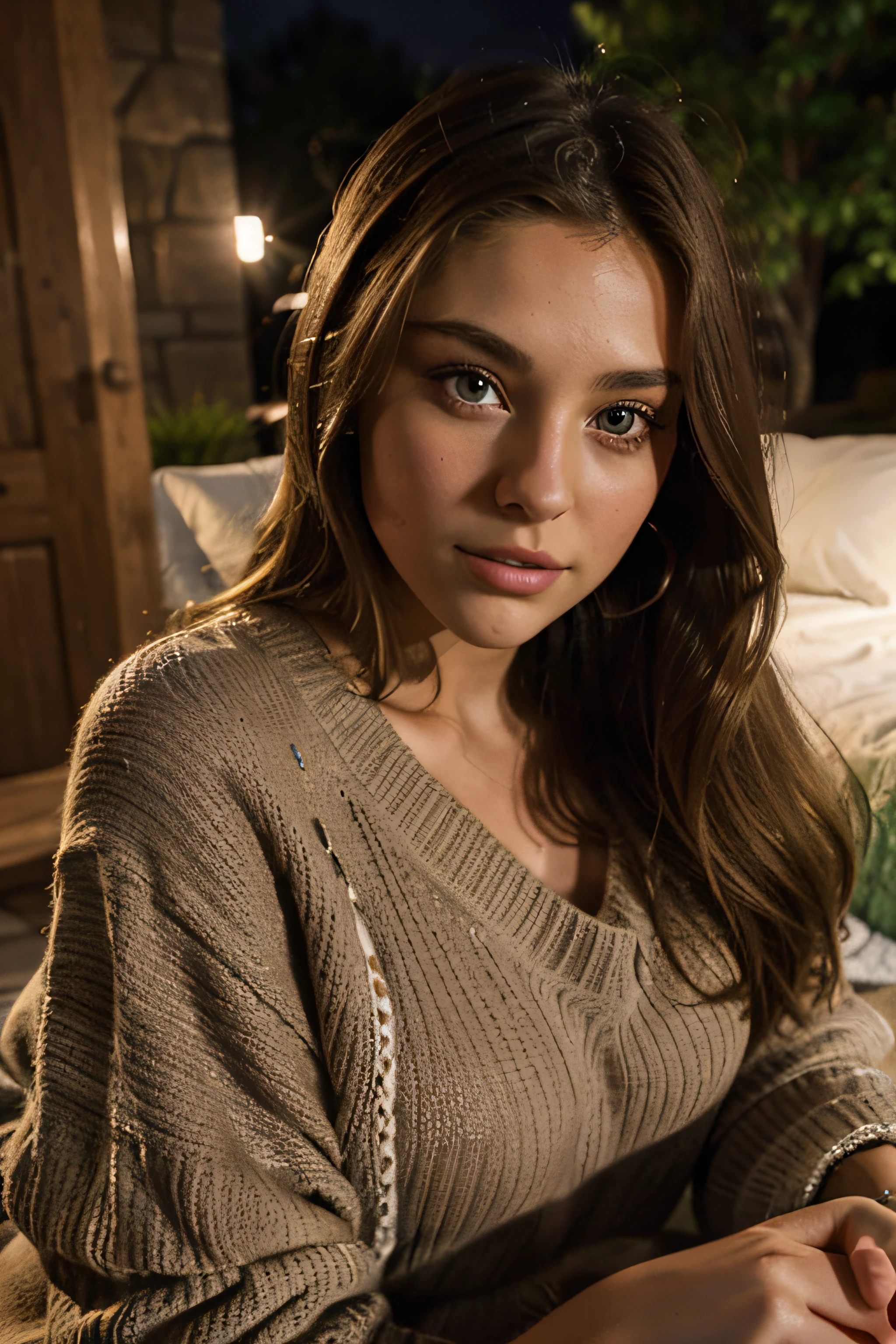 close up photo, arafed woman,wearing a sweater with a blanket covering her, laying on grass at night, beautiful blonde girl named Katie Smith, gorgeous young model, beautiful model girl, sexy girl with brown eyes, portrait sophie mudd, brown hair and large eyes, selfie of a young woman, bedroom eyes, violet myers, without makeup,shot 8 k, selfie, outside at night, iphone selfie dimmly lit, iphone grain, selfie,