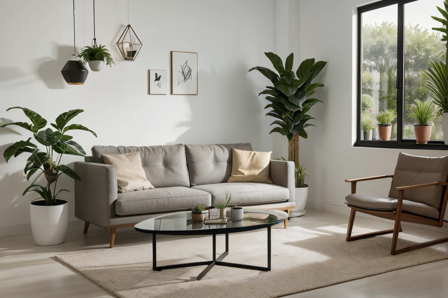 You are a famous interior designer,I was asked to create a 3D image of a modern large-scale research. Create a harmonious environment with modern and minimalist furniture. Contains several houseplants,Make it look fresher.