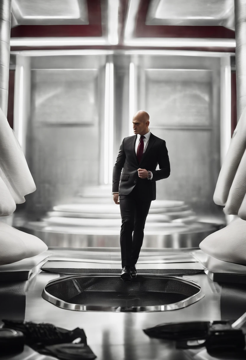 A photo of a luxury watch with a cryptic message engraved on the back.,Hitman series,Agent 47 is bald. 47's typical attire consists of a black suit, black leather gloves and shoes, white dress shirt, and a burgundy tie.