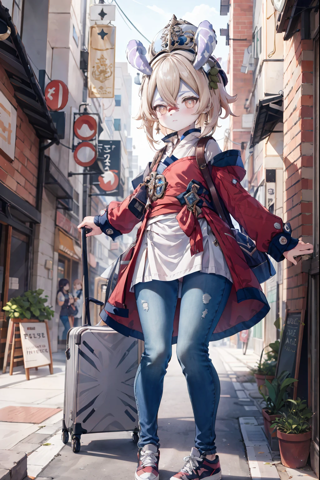 Melousine|genshin impact, masterpiece, bestquality,3 girl,young girl, Wear glasses, long-haired,unstable _Front,oily shiny skin,flat chest,nice leg line:1.3,thick thighs, thin-waist,, red_streaks_light_wrap_dress, white_platform_sneakers, woven_El_bag, straw_headgear, gold_hoop_earrings, jacket, long jeans city scenery,looking at the audience,From Top:1.2,dynamic angle