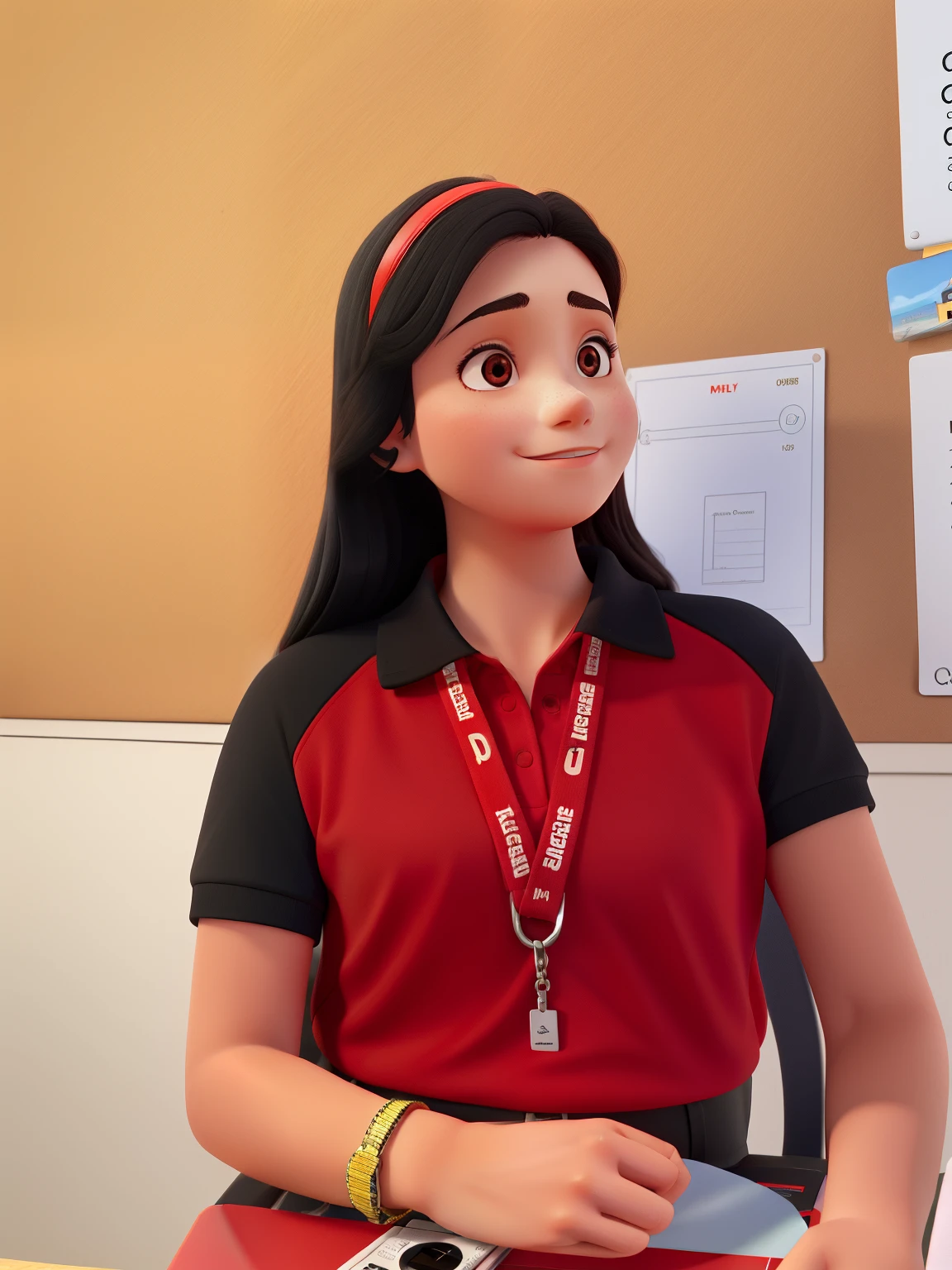 A girl with a red and black polo with her id taking a picture