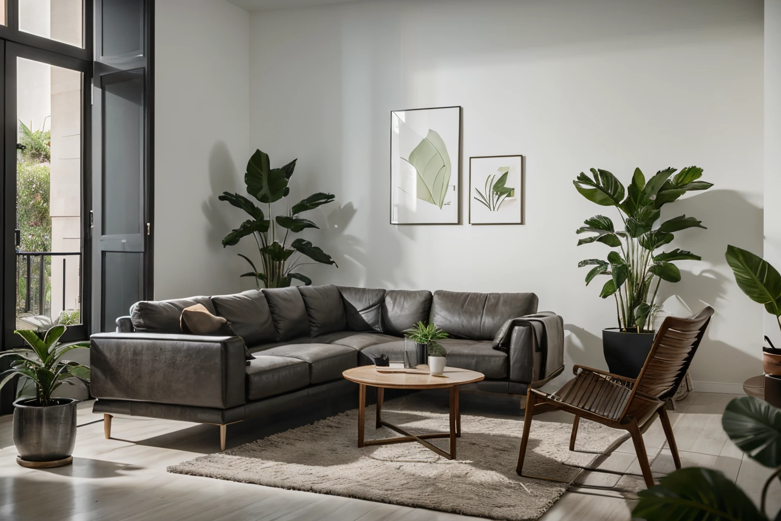 You are a famous interior designer,I was asked to create a 3D image of a modern large-scale research. Create a harmonious environment with modern and minimalist furniture. Contains several houseplants,Make it look fresher.