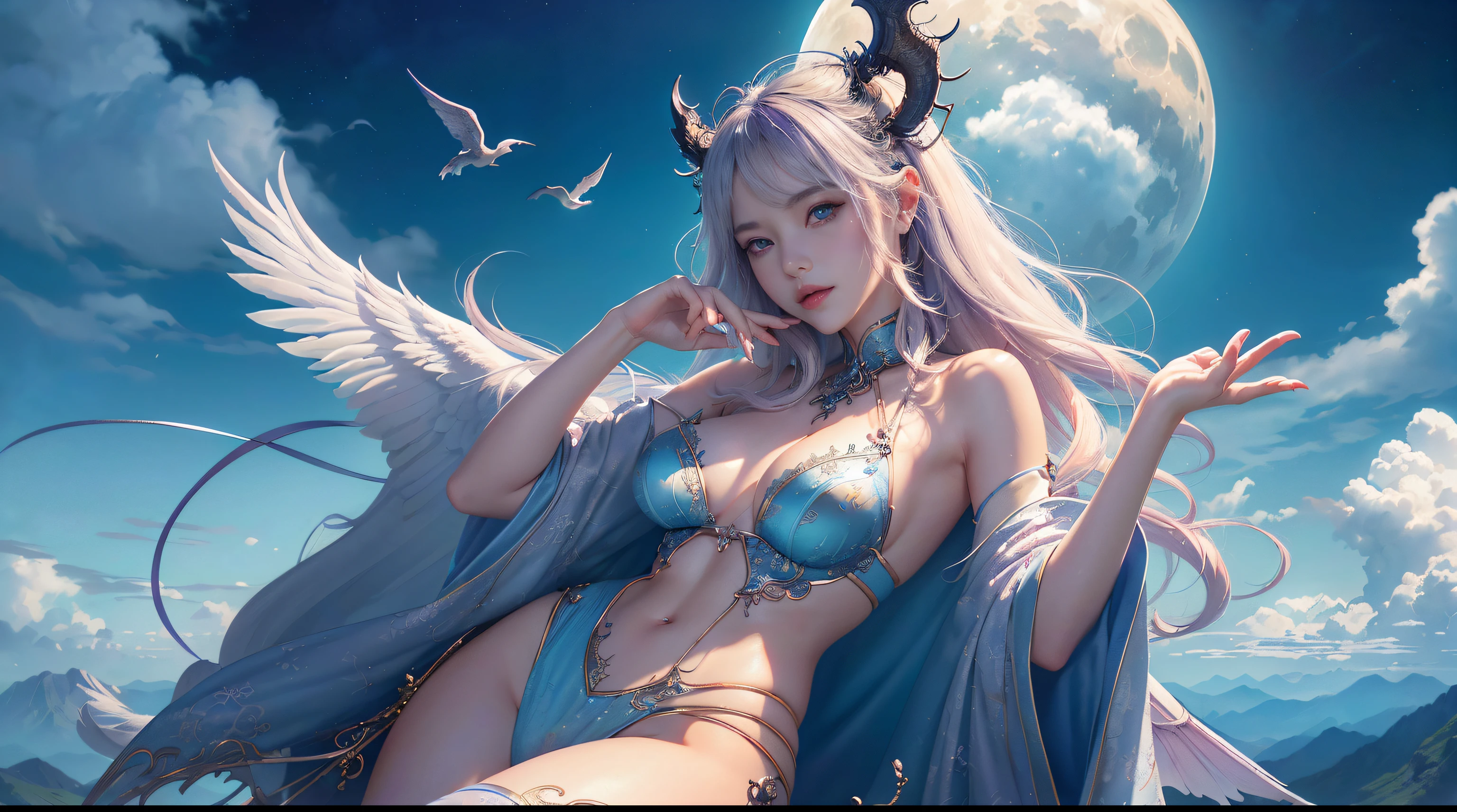 ((noodle)), ((tmasterpiece)), (Detailed pubic hair), seductive succubus, EtherealBeauty, Inhabit the clouds, (Fantasy illustration:1.3), captivatinggaze, Enchanting pose, delicate wings, otherworldly charm, mystical sky, (Luis Royo:1.2), (Yoshitaka Amano:1.1), Moon Night, pastelcolor, (Detailed cloud view:1.3), (A high resolution:1.2),take up close,take up close,黑The eye,Delicate and beautiful eyes,Angelic,a white wing