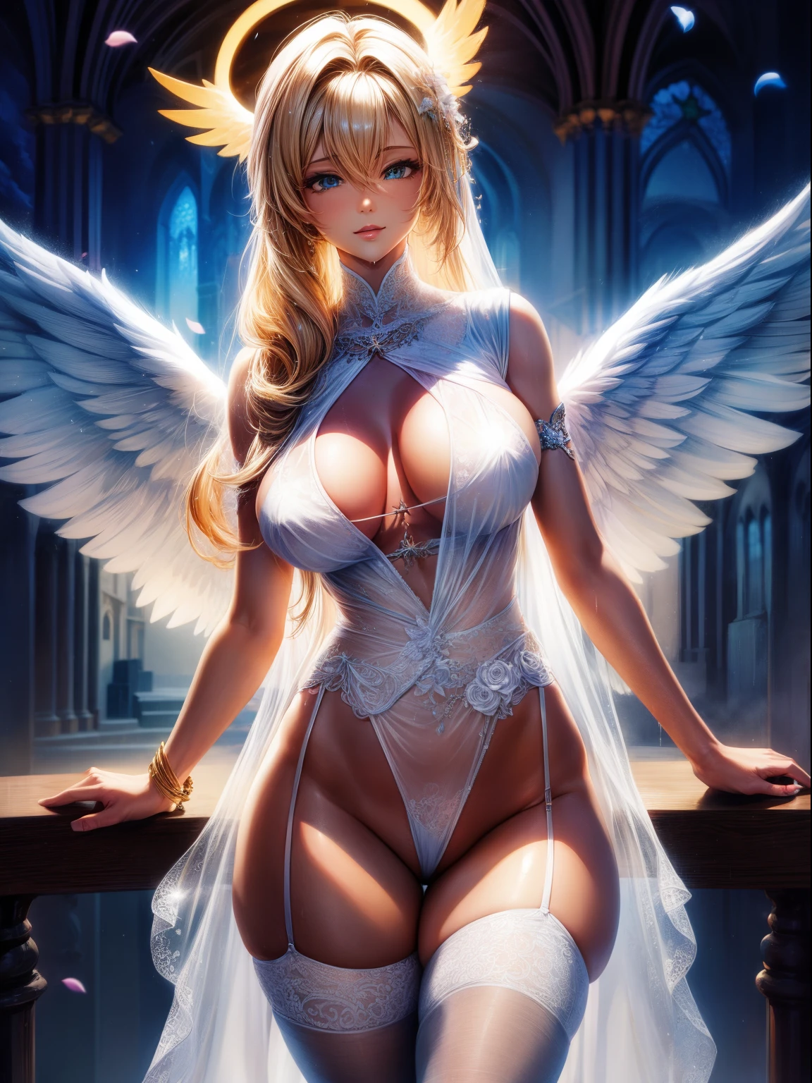 （8K ，hyper-detailing，ultra real photo，Best masterpiece，natural，Perfect artwork，Perfect female body），Cute busty girl ，Hair color，（Big tits），Angelic，obsessed，the angel's wings，The halo，Beautiful church，beautiful rain of petals，Gorgeous accessories，golden brilliance，Wearing a see-through sexy gauze skirt，Sexy transparent dress，ssee-through，Built-in thong，The cracks are relatively large，stretch the meat，Raised sexy，Flirtatious，obscene exposure