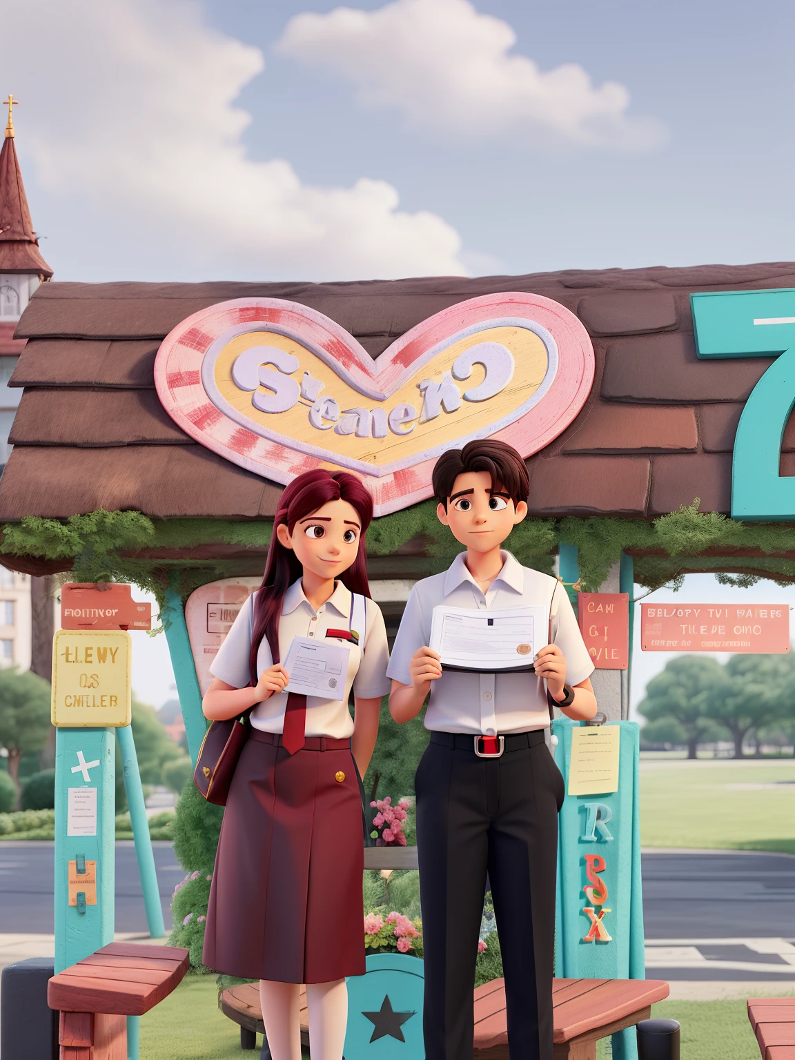 A couple close to each other, happily holding & showing their honor certicates , wearing school uniforms, boy wears white polo shirt, laced school ID, black slacks and shoes, maroon necktie. Girl wearing 3/4 blouse, maroon necktie & maroon pencil skirt. Straight and long hair, right part hair placed in front, some part tied formally, 2 inches heeled black shoes.