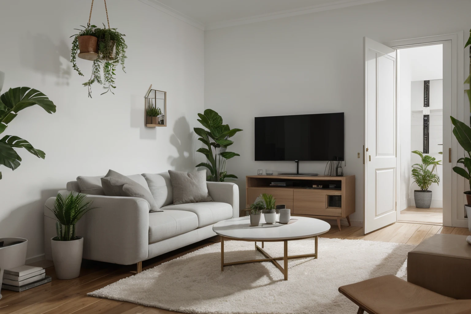 You are a famous interior designer,I was asked to create a 3D image of a modern large-scale research. Create a harmonious environment with modern and minimalist furniture. Contains several houseplants,Make it look fresher.