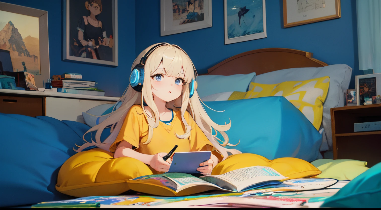 Menina hippie europeia meditando em seu quarto, Sonhando, Use fones de ouvido, luzes noturnas, Neon landscape on a rainy day, analog color theme, Lo-Fi Hip Hop , retrospectiva, plano, 2.5D ,Desenhar uma linha, desenho a tinta digital, Gradiente grande, pintura em aquarela, Cor do ganso, Estilo Studio Ghibli, Amazing color, Tonelada Exterior, Krautlock, Arte Lofi, Estilo anos 70,Texturas antigas, amplitude,psychedelic atmosphere, masutepiece, Amazing technology,Little girl listening to music in cozy bedroom at night, usar fones de ouvido, Estilo anime 2D, lo fi, Hard disk, ambiente escuro