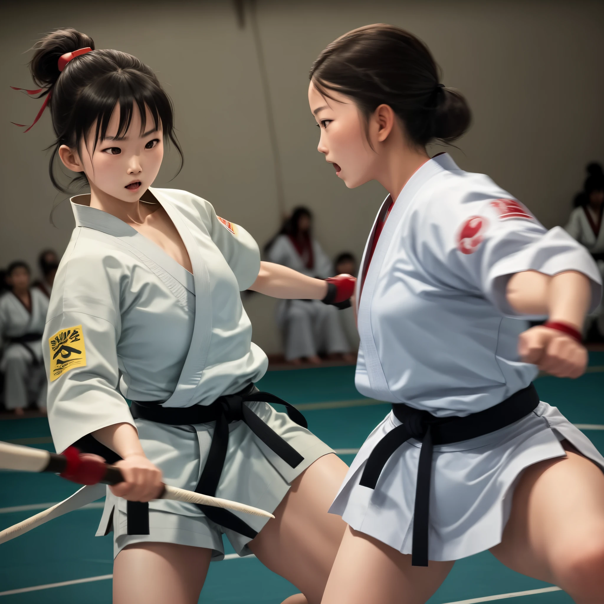 (super flat, flat shading), Honors Type, Really blushing, 17 years old, (judo Match:1.5), 2girls, (fighting:1.5), wearing white (high-cut bikini uniform:1.5), wedgie:1.5, cameltoe:1.7, sports shoes, ponytail brown hair, sweaty healthy body, sweaty soaking wet full body, bare legs, navel, ultra realistic, early morning, breeze, in crowded public gymnastics, 