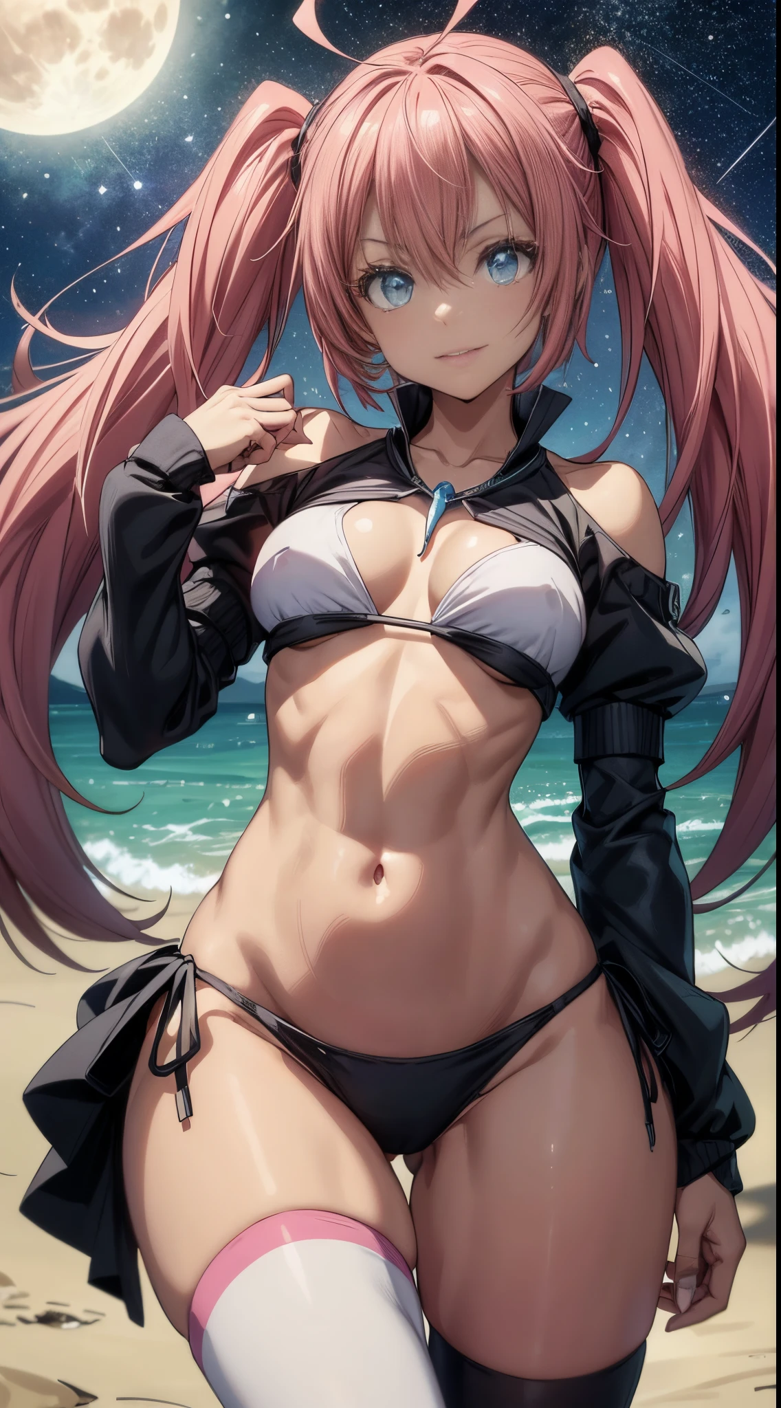 1 girl, (medium breasts))) (((bunda grande))), (((wearing a short bikini))), (cabelo rosa longo), (((olhos azuis))), (on the beach at night with starry sky and full blood moon), (cintura fina), (bumbum grande), (pernas finas e musculosas), barriga musculosa, bare feet, (Stand Up), Caudas duplas, olhos brilhantes, Reflexo ocular, mau humor, anime , estilo anime, ray tracing, brilhar, sombra projetada, panorama, Sony FE, 8k, UDisk, piece of master, preciso, anatomicamente correto, Super Detalhe, melhor qualidade, ultra high-resolution, Hard disk, 16k