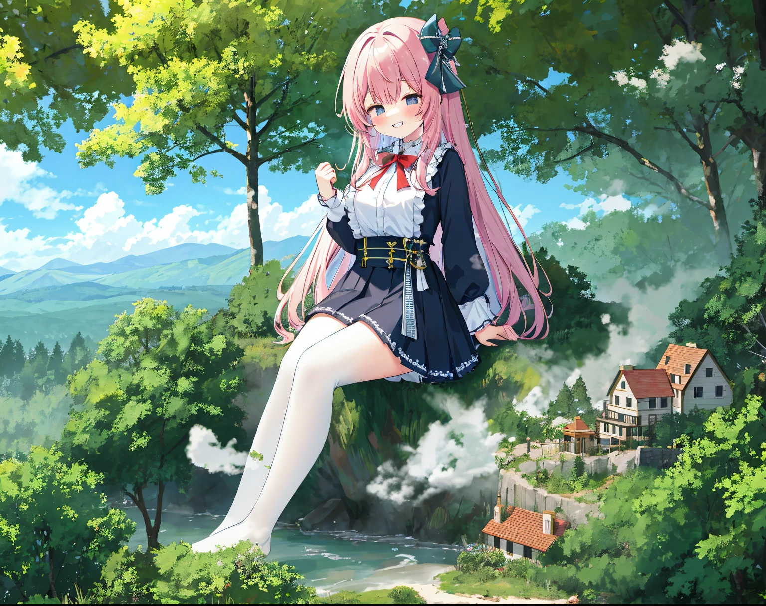1girll,clouds, at a forest,mountain ranges,koyama, tmasterpiece, Best quality at best, The content is very detailed,tmasterpiece,Best quality at best,offcial art,extremely detaild的 CG unified 8k wallpapers,{{{A giantess}}},Huge girl,100 meters tall girl,1 busty girl,Miniature village,without wearing shoes,Grinning,Sitting in the forest ,Steam coming out of feet,